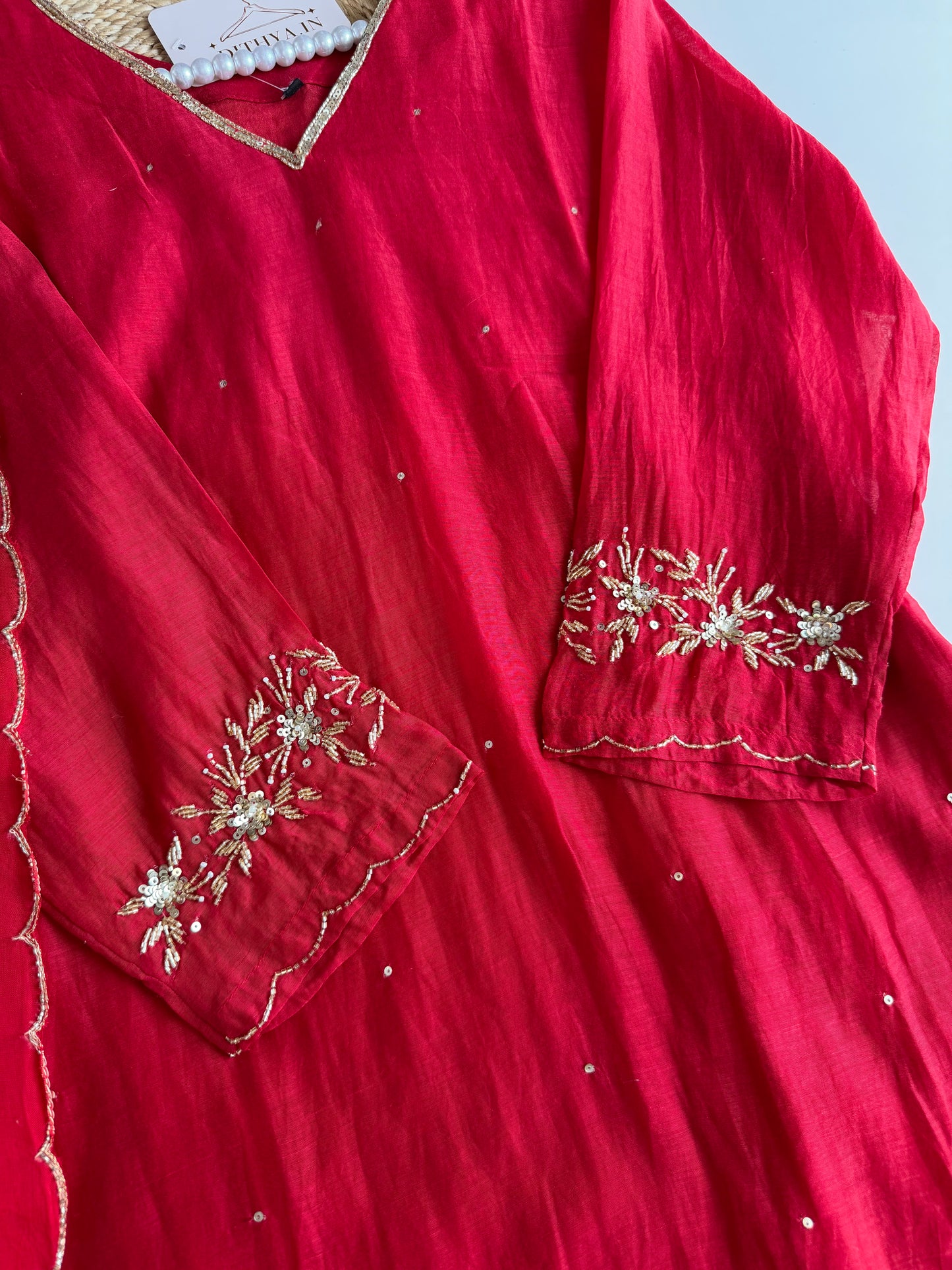 K529 - Mul chanderi handwork Aline Kurti with pants and dupatta in 2 colours