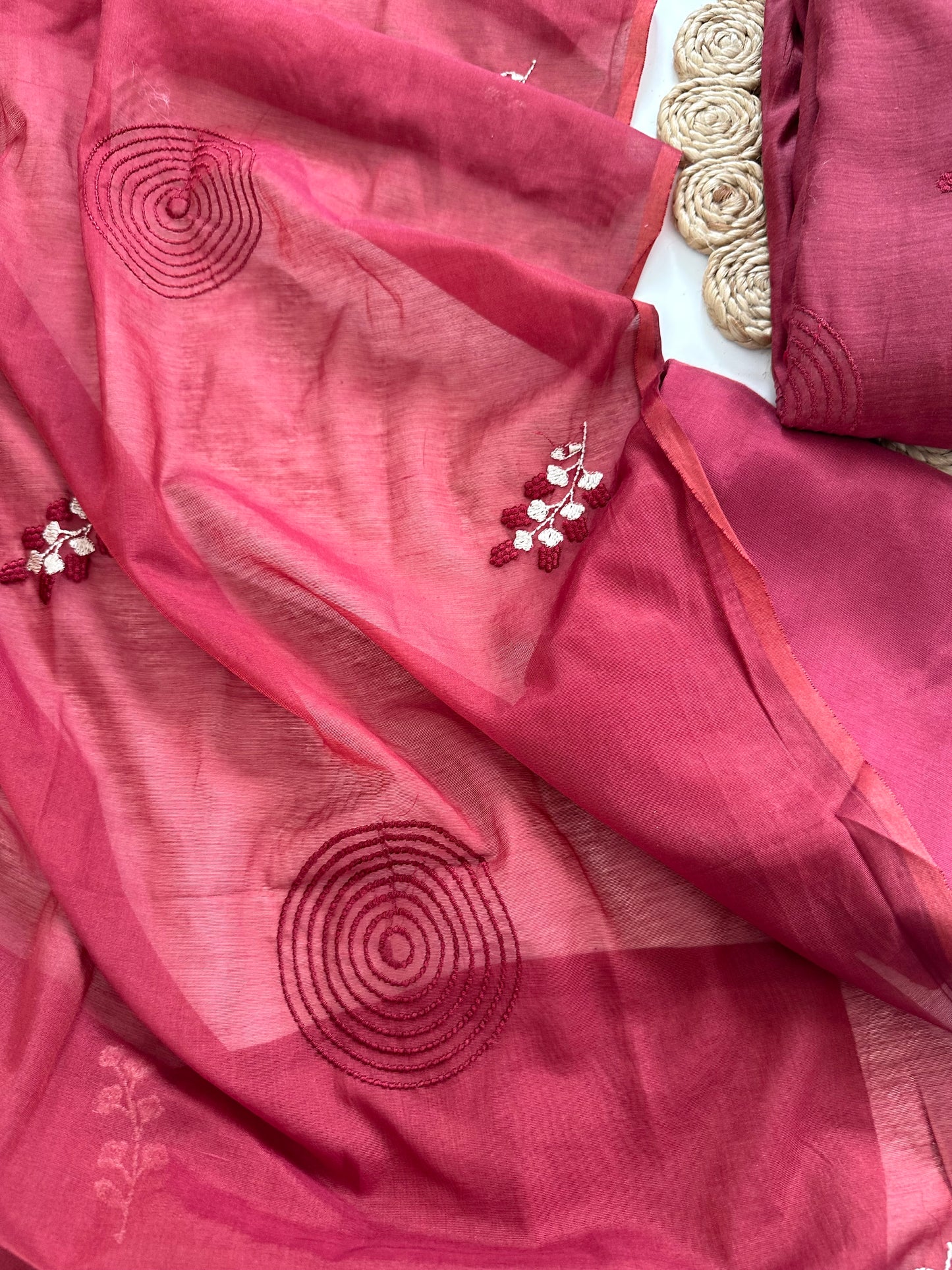 K210 - Mul Chanderi appliqué work Anarkali with pants and dupatta in 2 colours