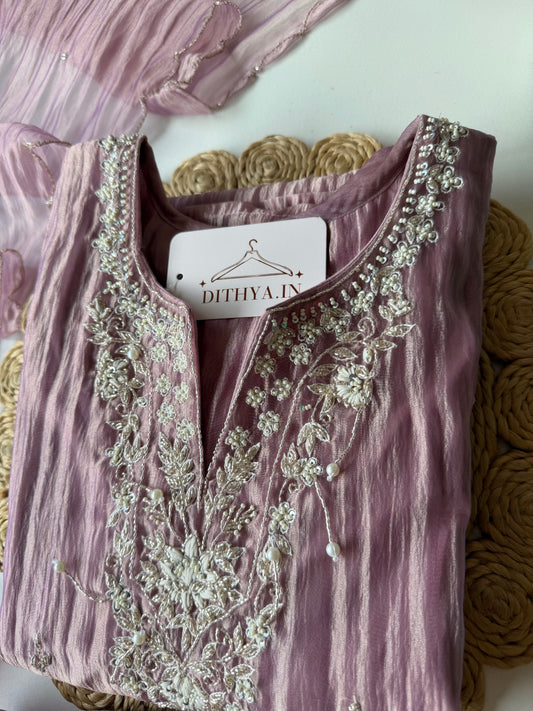 K102 - Crush Glass tissue silk handwork straight Kurti with pants and dupatta