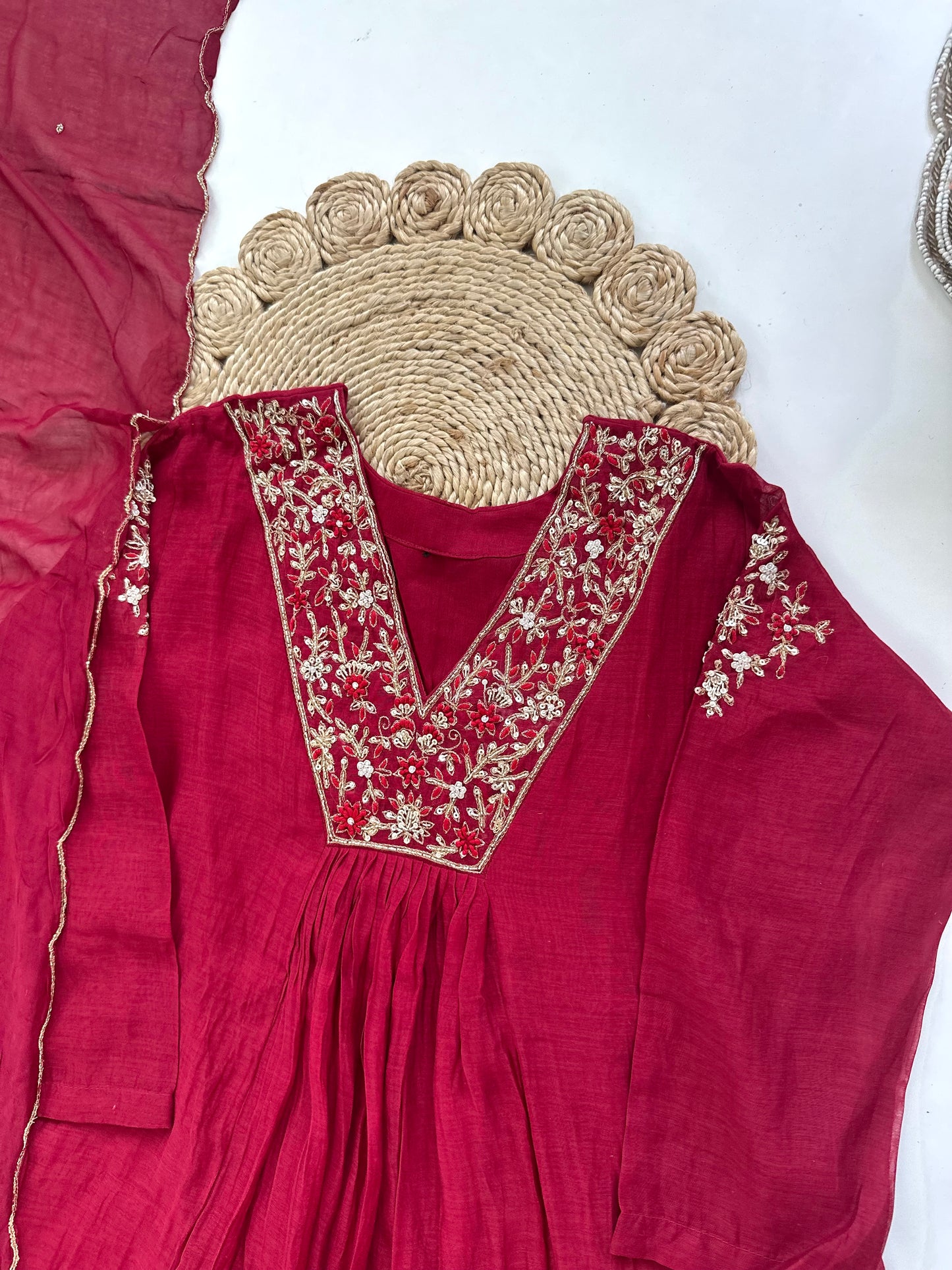 K191 - Mul Chanderi handwork Aline Kurti with pants and dupatta in 3 colours
