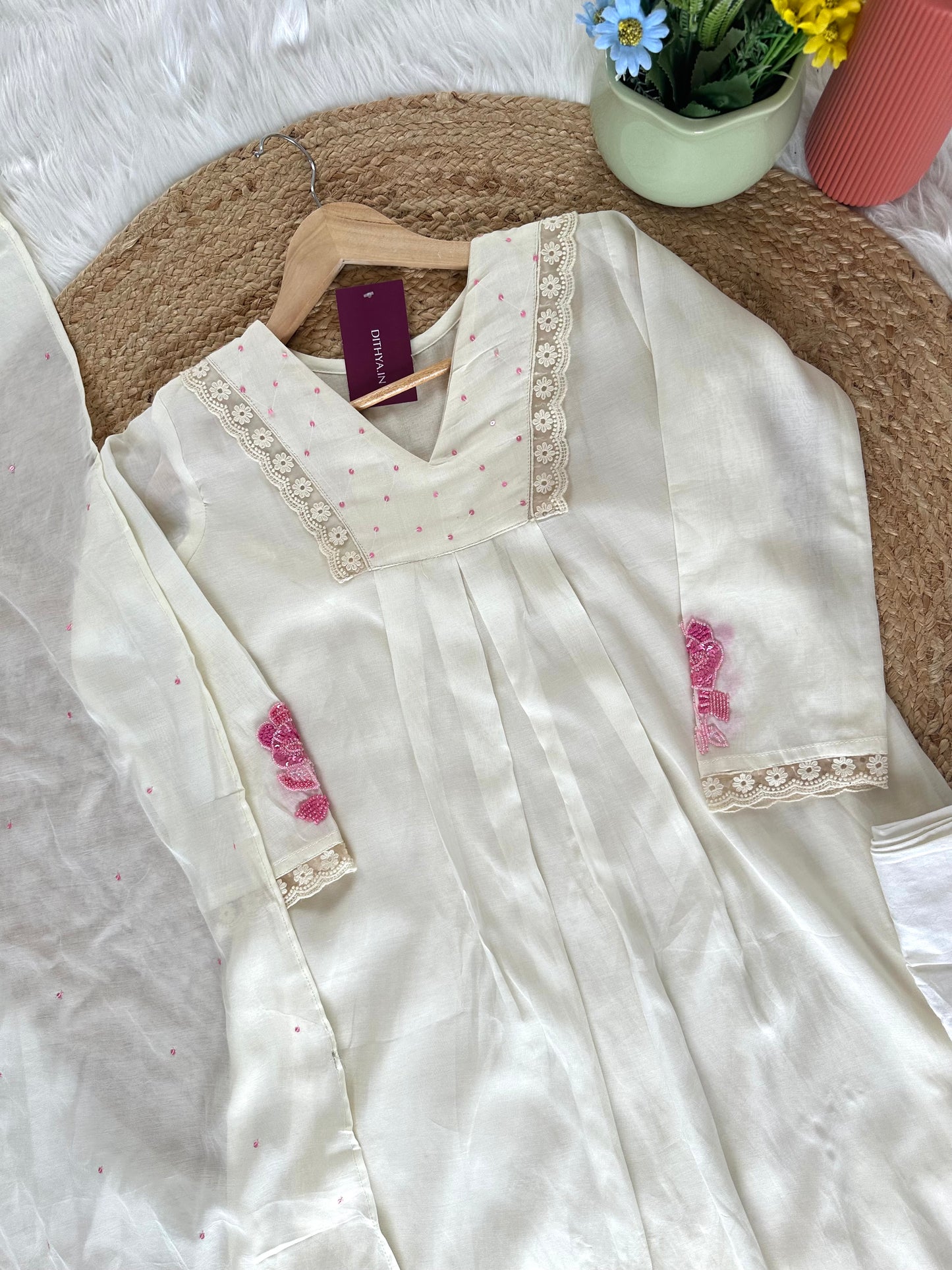 K065 - Mul Chanderi handwork Aline Kurti with pants and dupatta in 3 colours