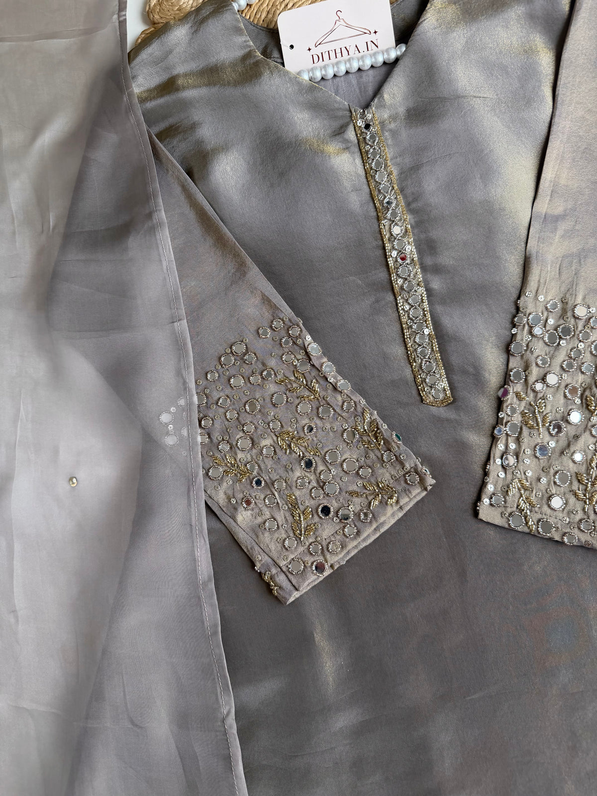K121 - Tissue silk mirror work Anarkali with pants and dupatta