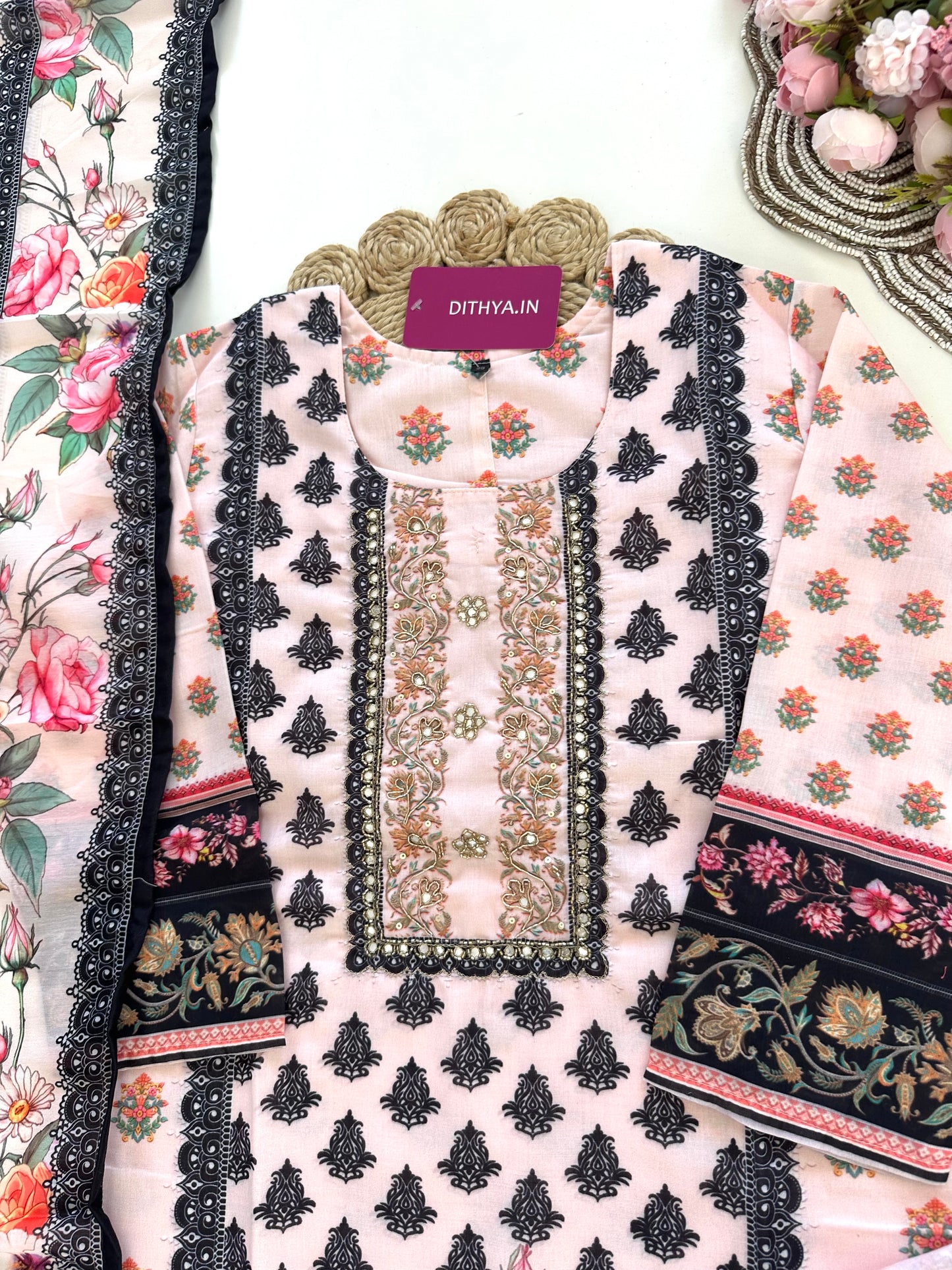 K404 - Cotton Handwork straight Kurti with pants and dupatta