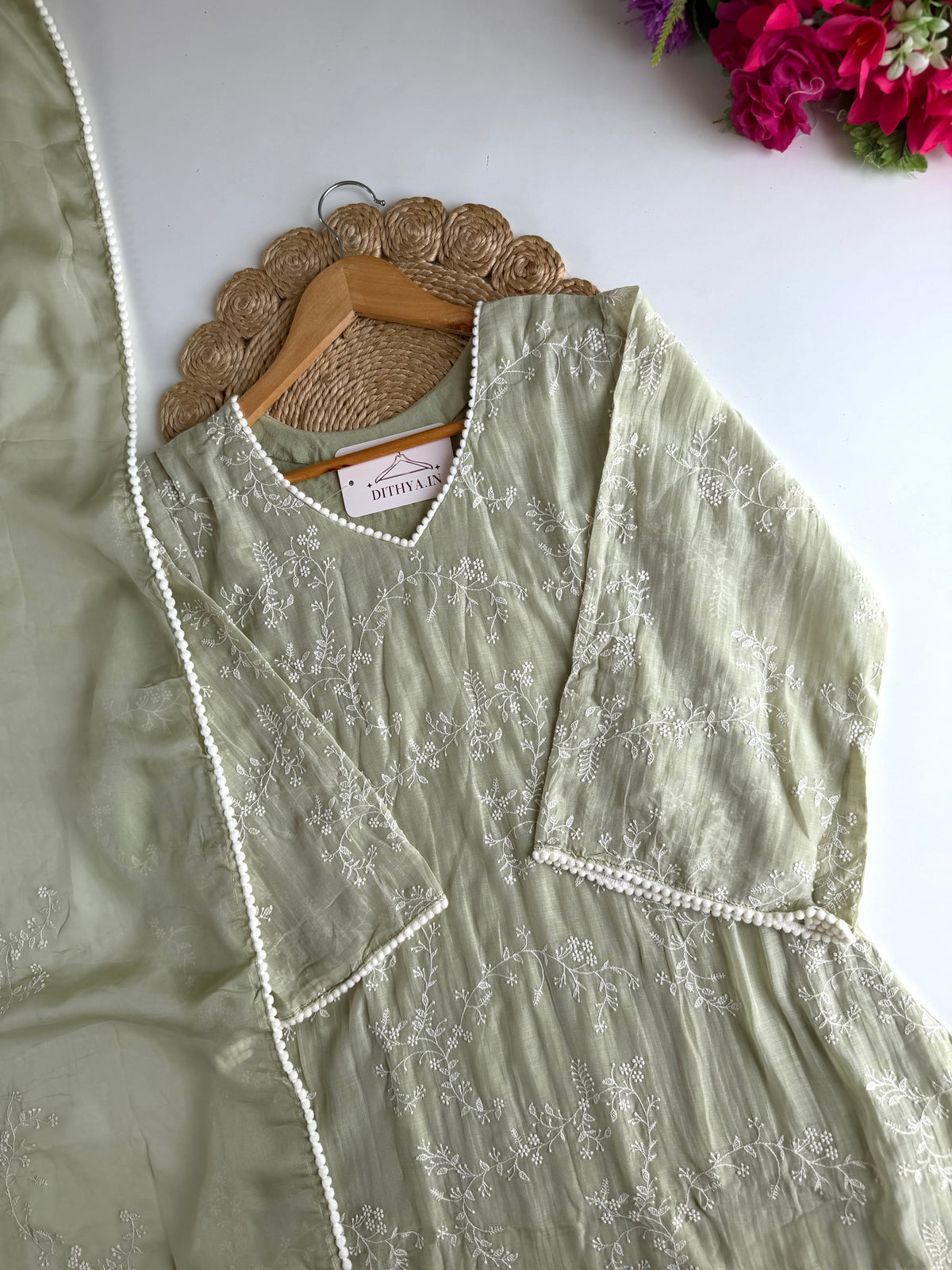 K314 - Mul chanderi embroidered Anarkali with pants and dupatta
