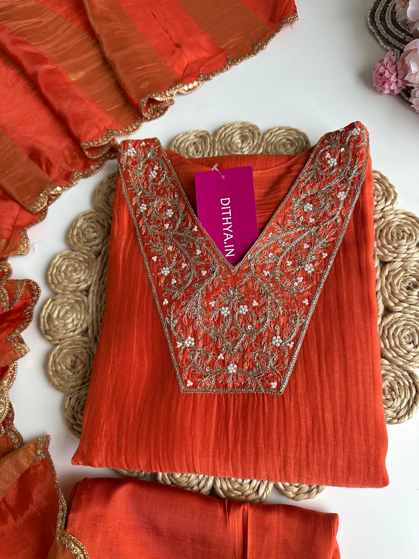 K332 - Mul Chanderi handwork Aline Kurti with pants and gaji organza dupatta