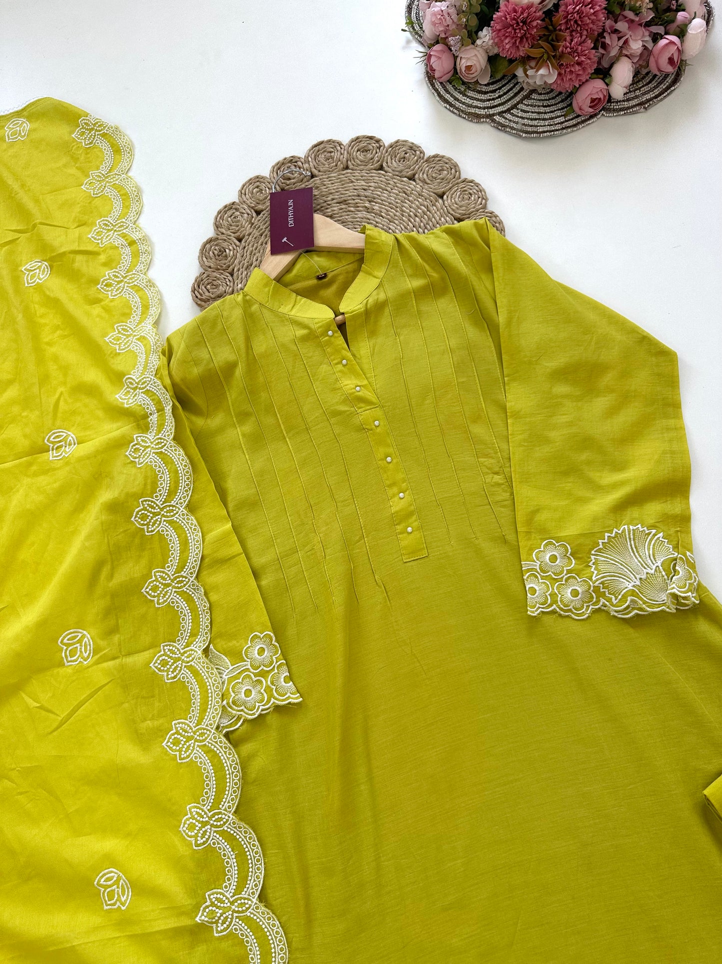 K089 - Mulmul cotton embroidered Anarkali with pants and dupatta in 2 colours