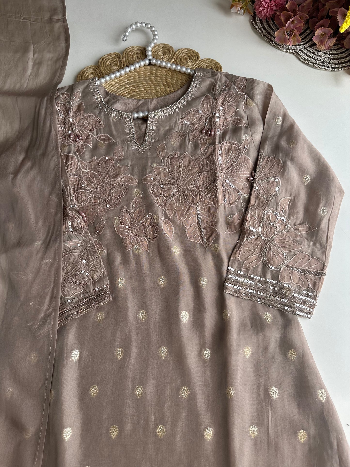 K455 - Organza handwork Aline Kurti with pants and dupatta