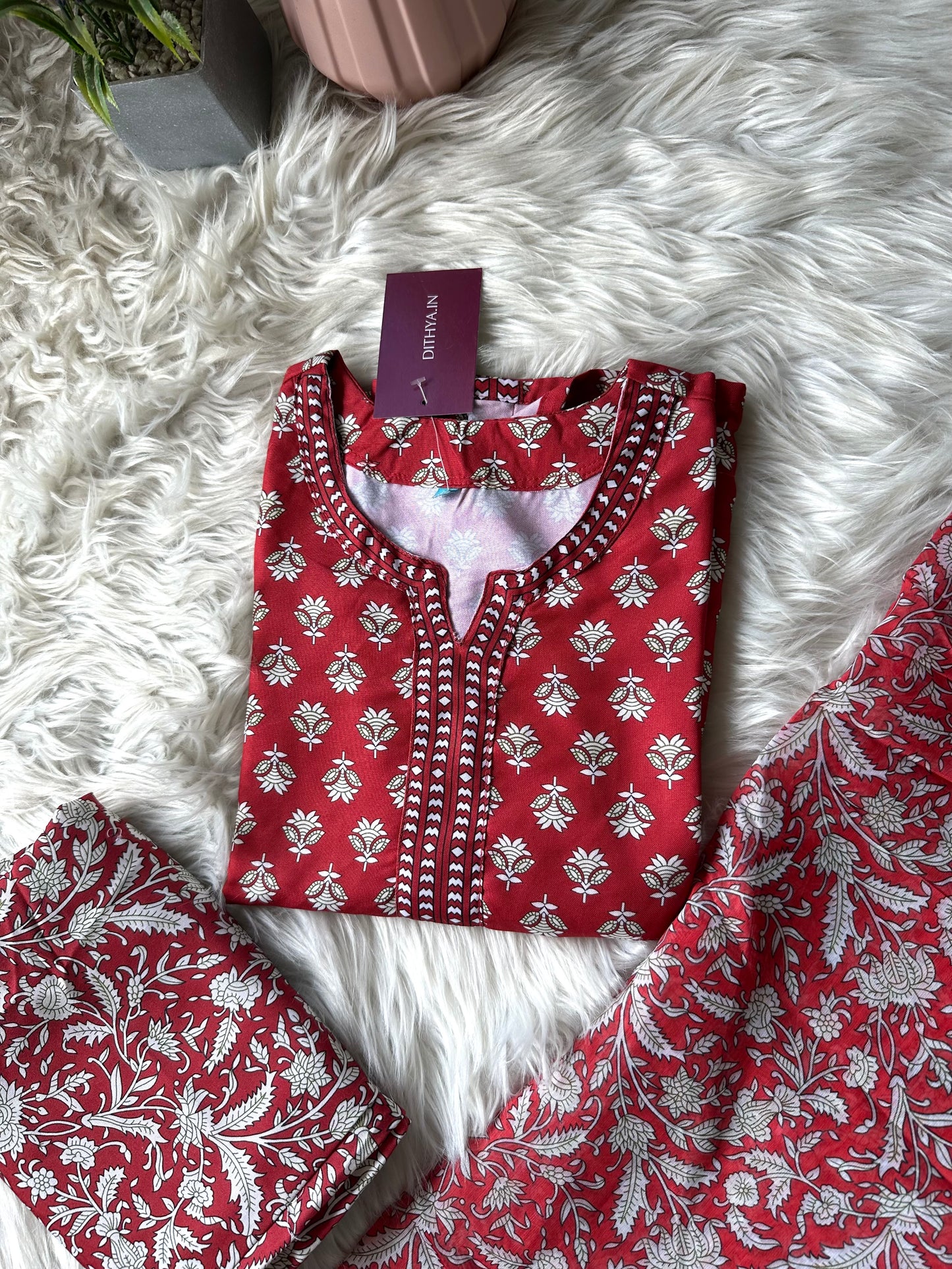K256 - Rayon cotton straight Kurti with pants and dupatta