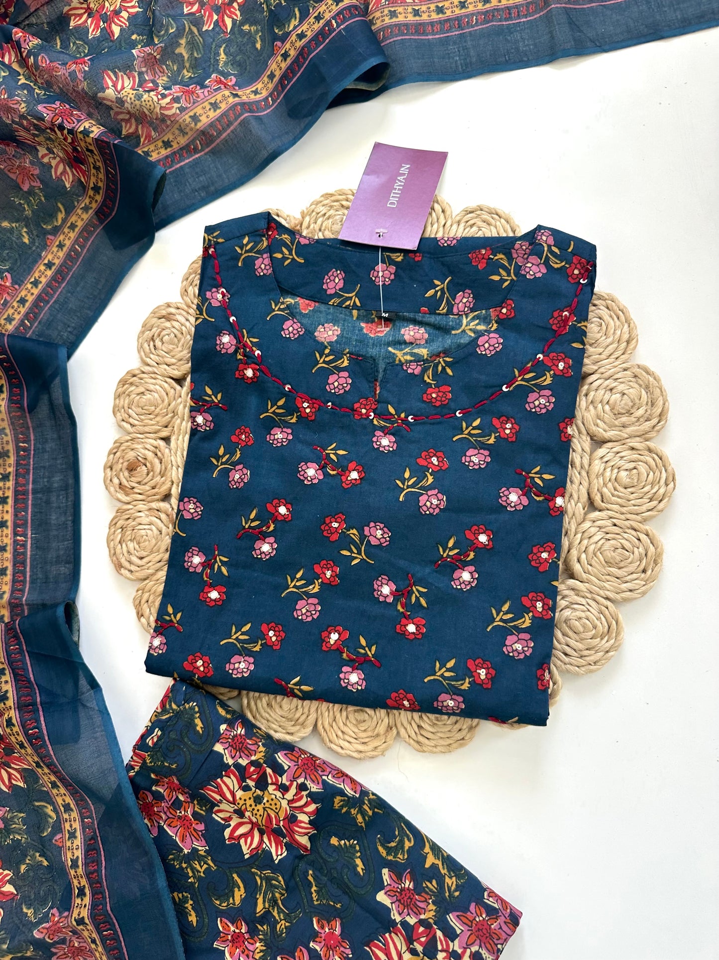 K216 - Cotton Straight kurti with pants and dupatta.