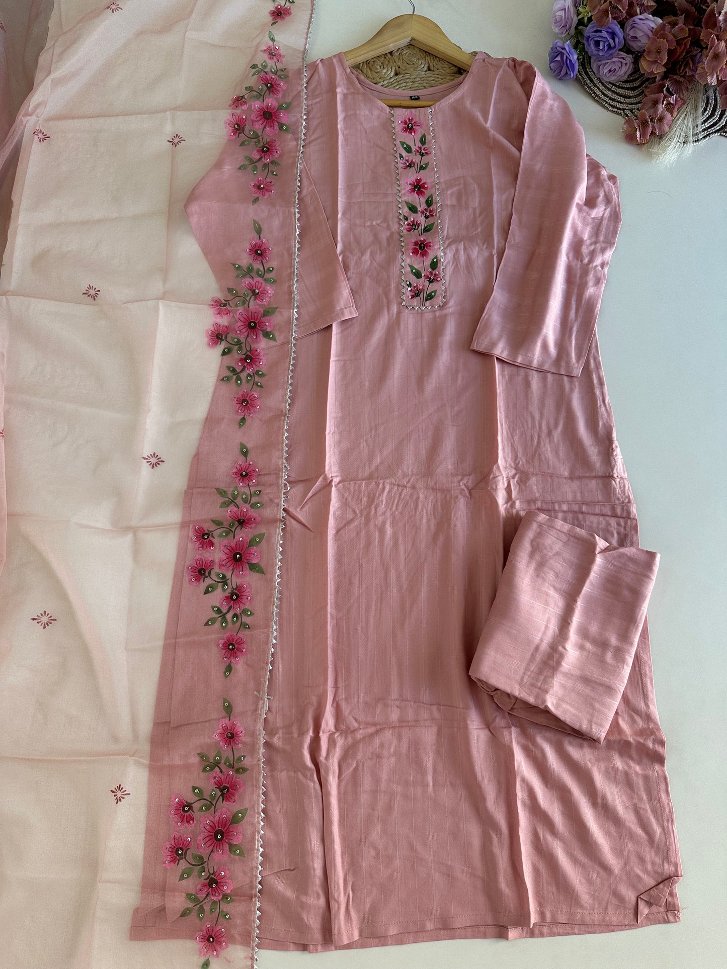 D369 - Muslin silk straight kurti with pants and dupatta