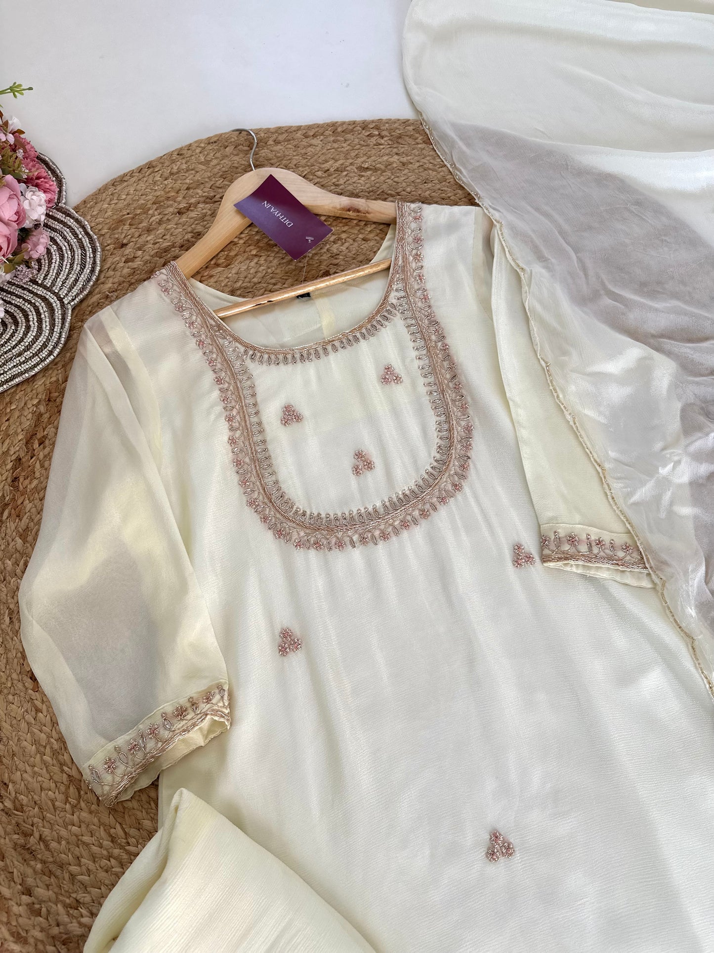 K159 - Chinnon Zardosi work straight kurti with pants and dupatta .