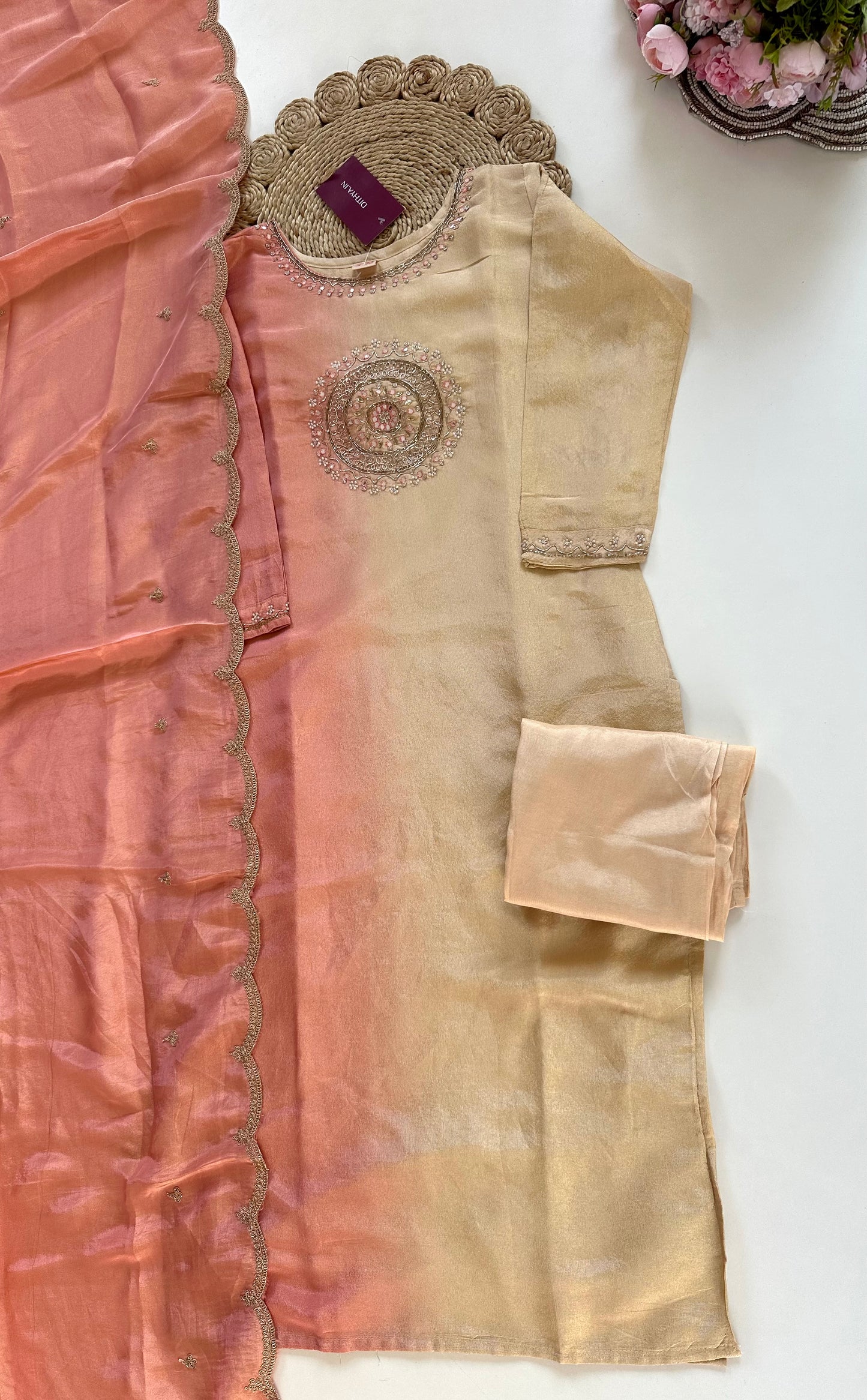 K132 - Tissue silk handwork straight kurti with pants and dupatta