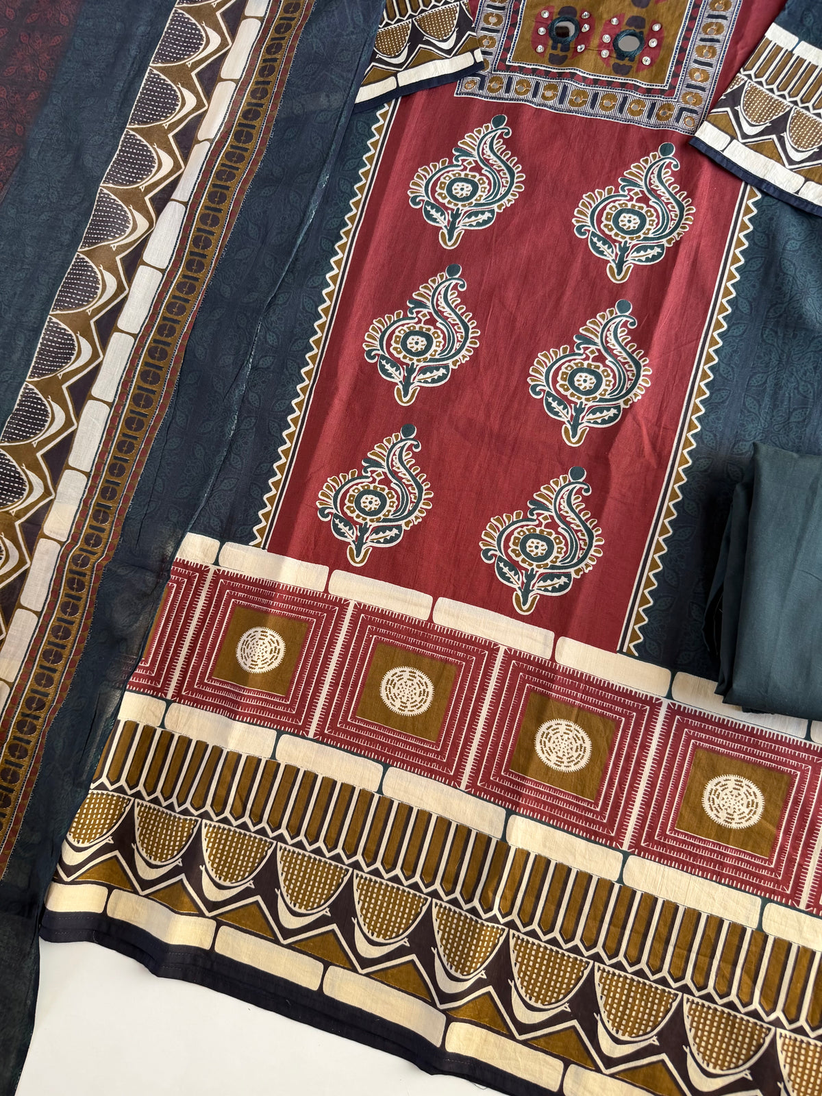 K363 - Mul cotton embroidered Aline Kurti with pants and dupatta