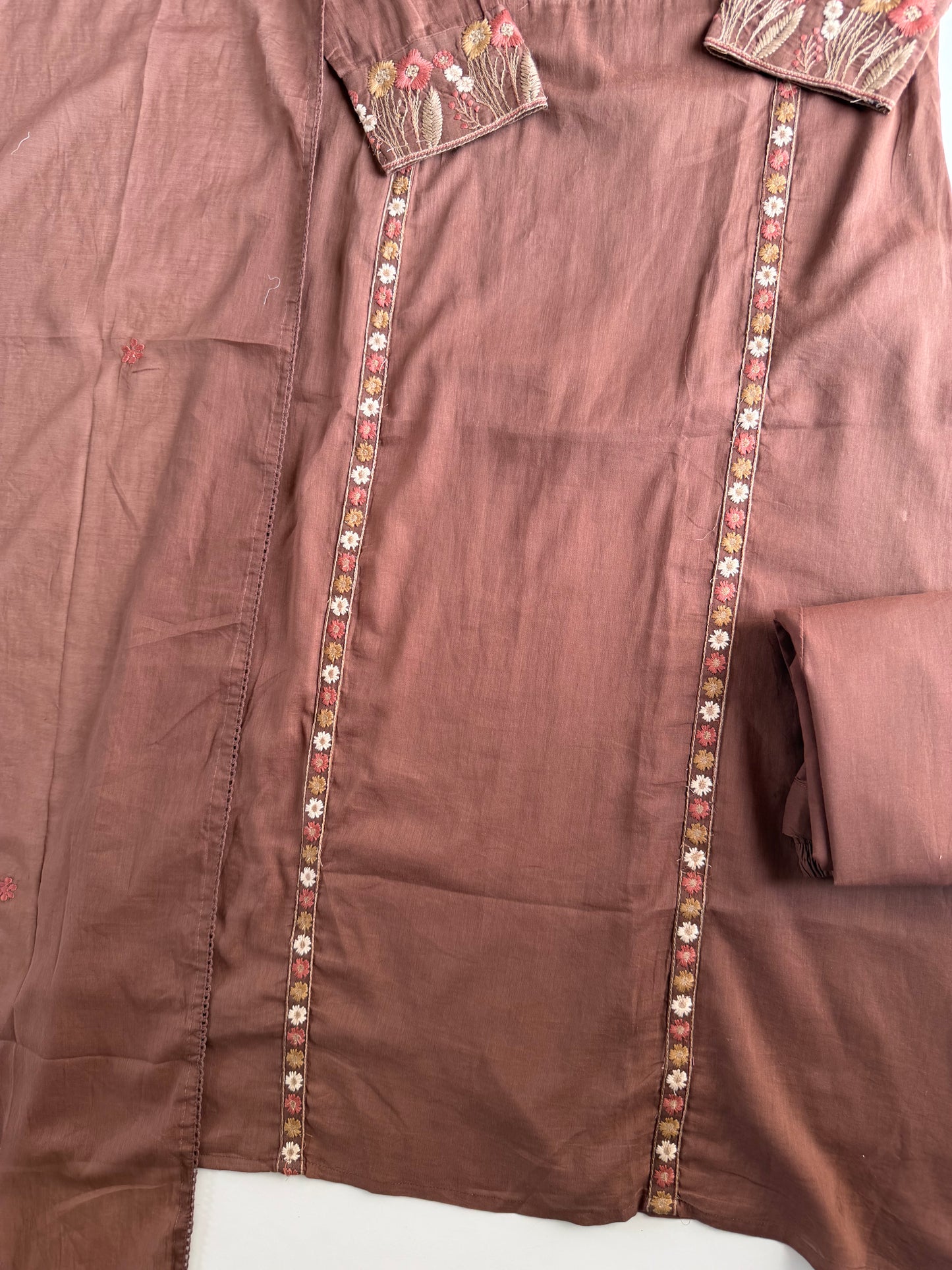 K657 - Mul cotton embroidered straight Kurti with pants and dupatta