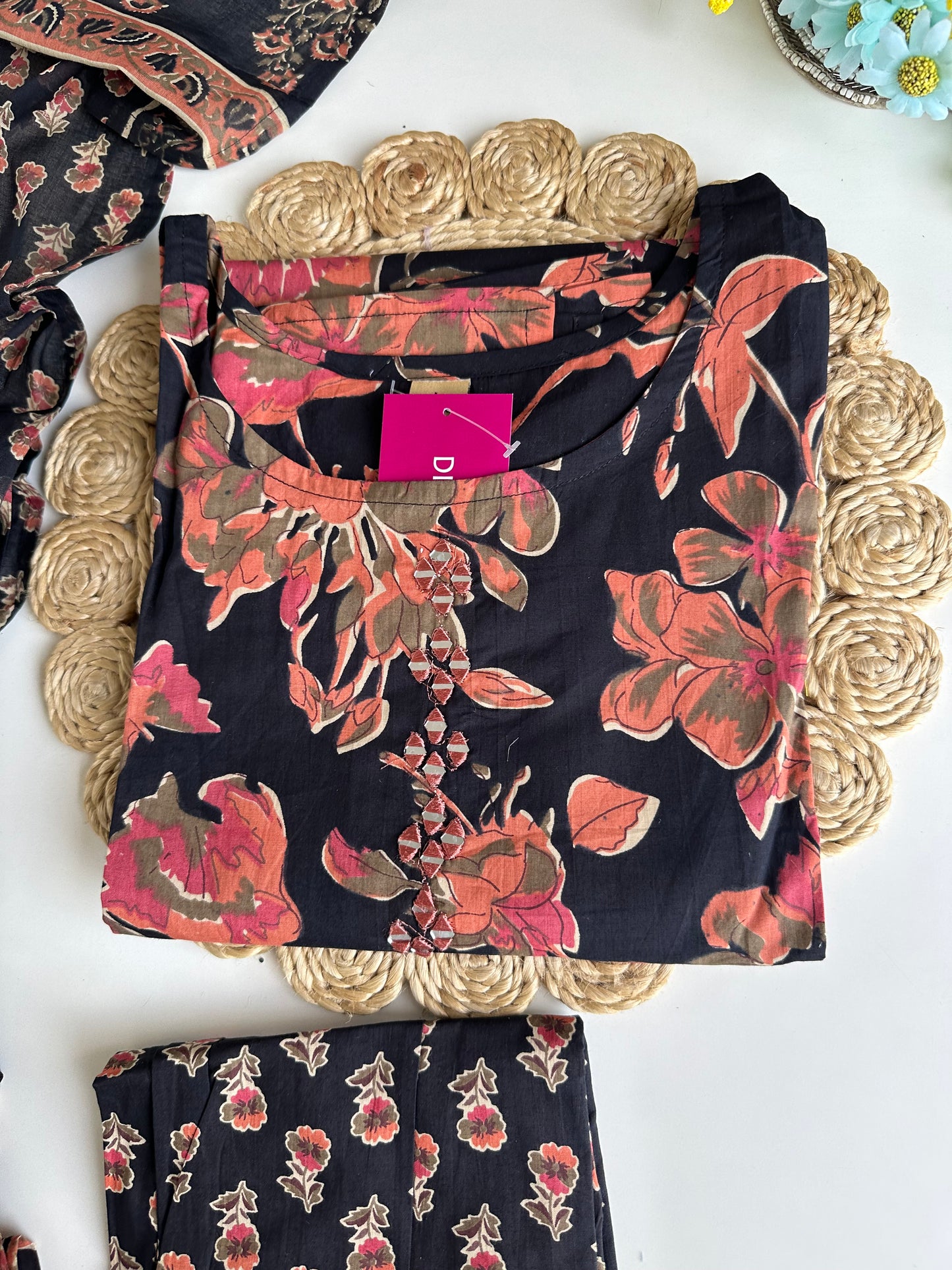K071 - Cotton floral straight Kurti with pants and dupatta in 4 colours