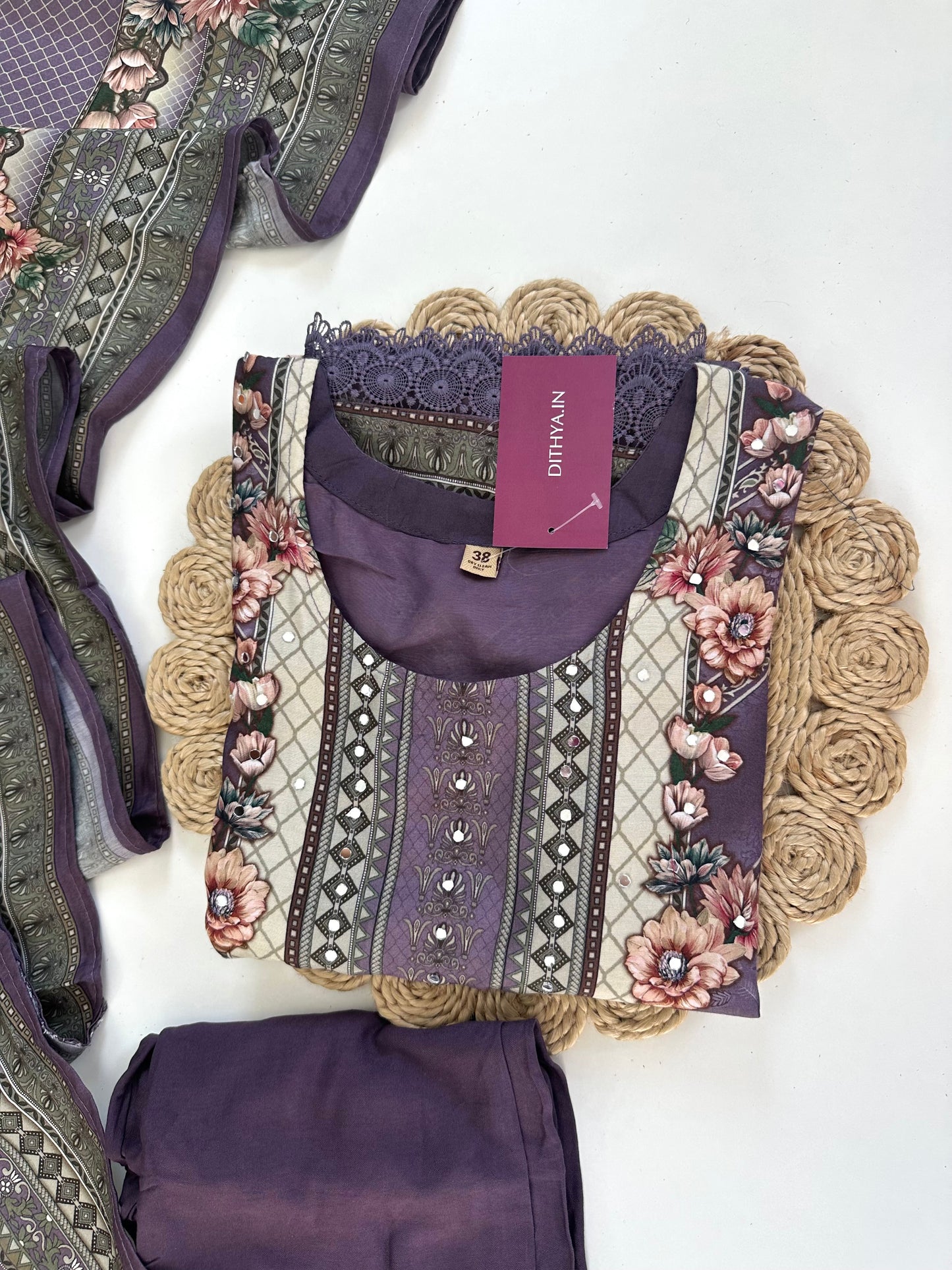 K124 - Pure crepe floral printed straight Kurti with pants and dupatta