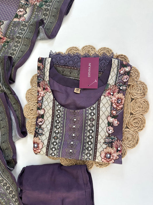 K124 - Pure crepe floral printed straight Kurti with pants and dupatta