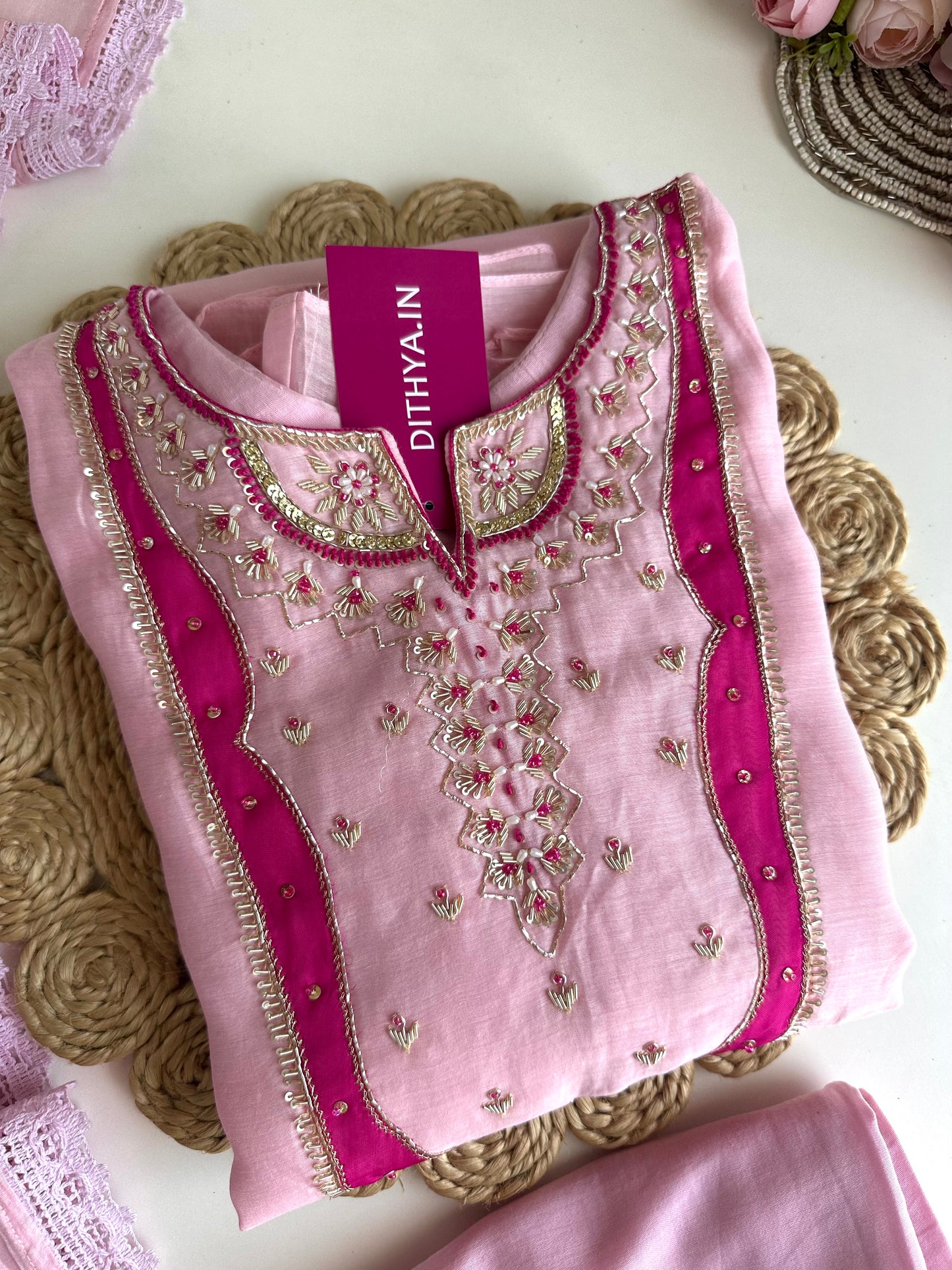 K297 - Mul Chanderi Aline handwork Kurti with pants and dupatta