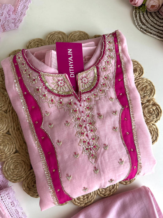 K297 - Mul Chanderi Aline handwork Kurti with pants and dupatta