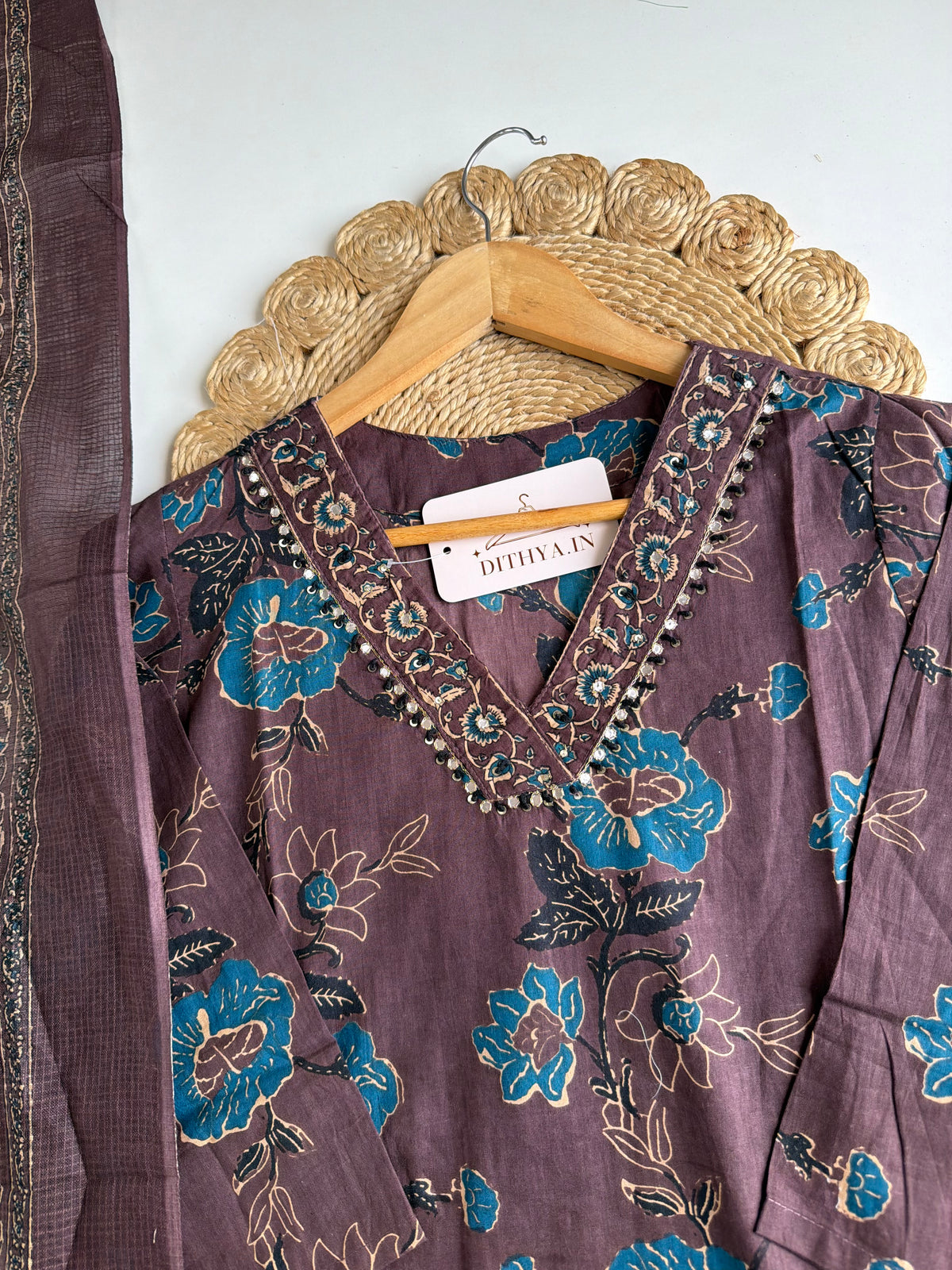 K163 - Mul cotton embroidered Aline Kurti with pants and dupatta