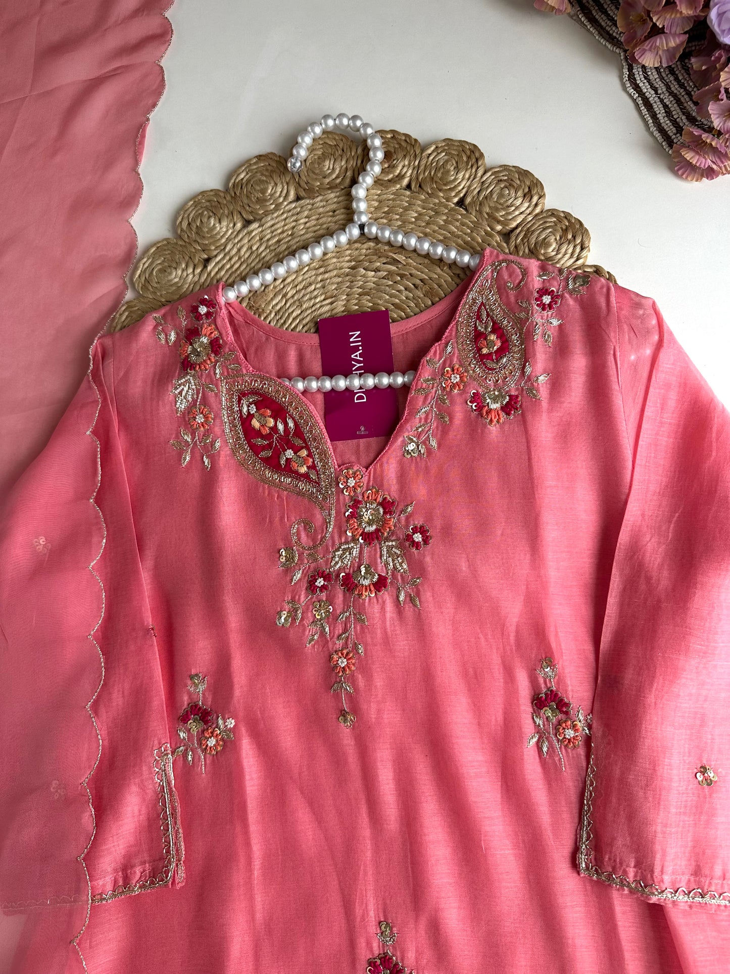 K005 - Mul Chanderi Handwork Aline Kurti with pants and dupatta in 2 colours
