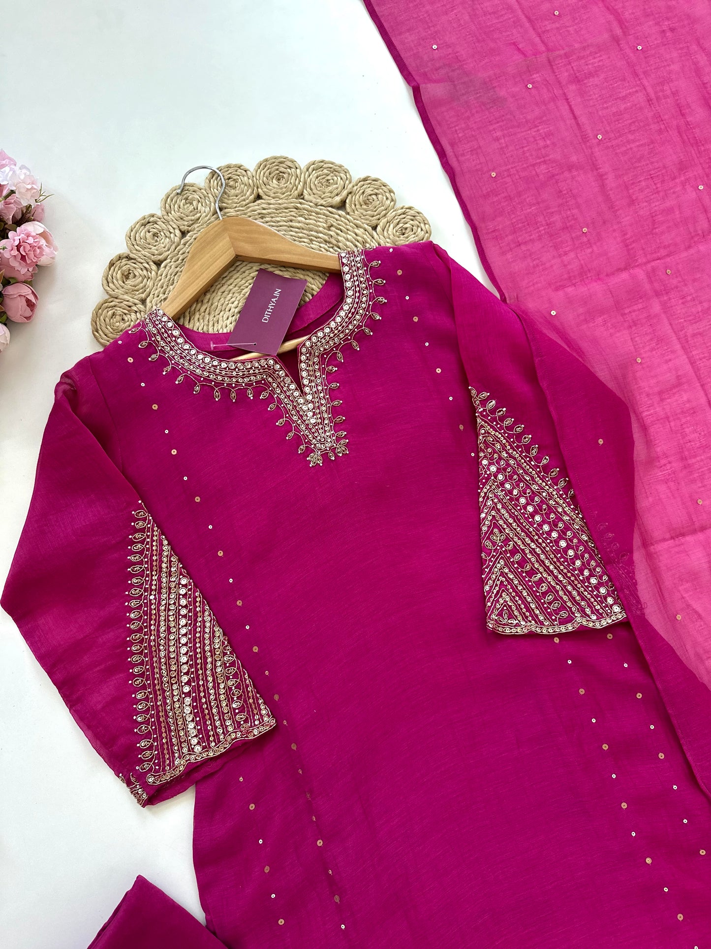 K080 - Mul Chanderi handwork straight kurti with pants and dupatta