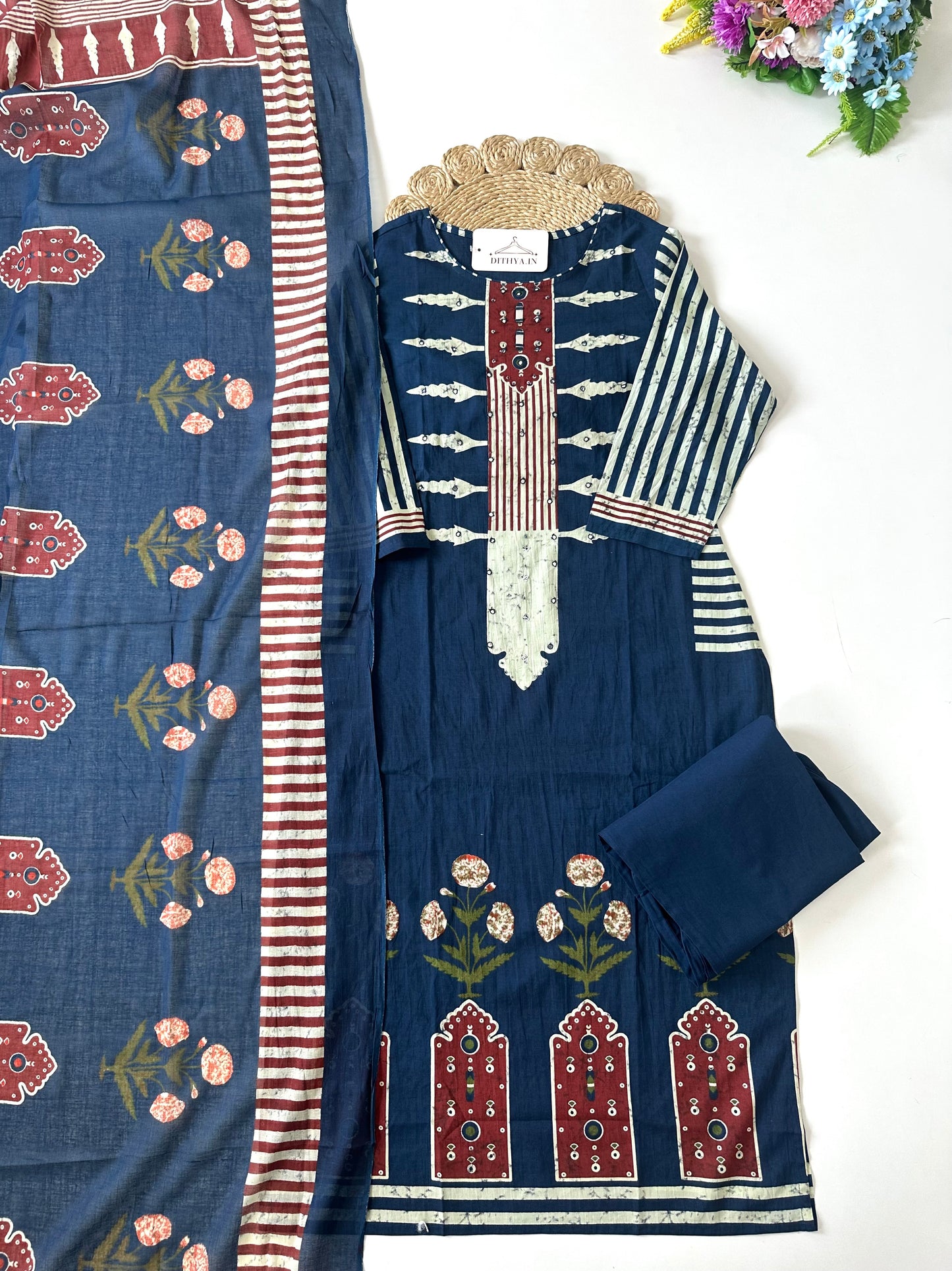 K694 - Mul cotton printed straight Kurti with pants and dupatta
