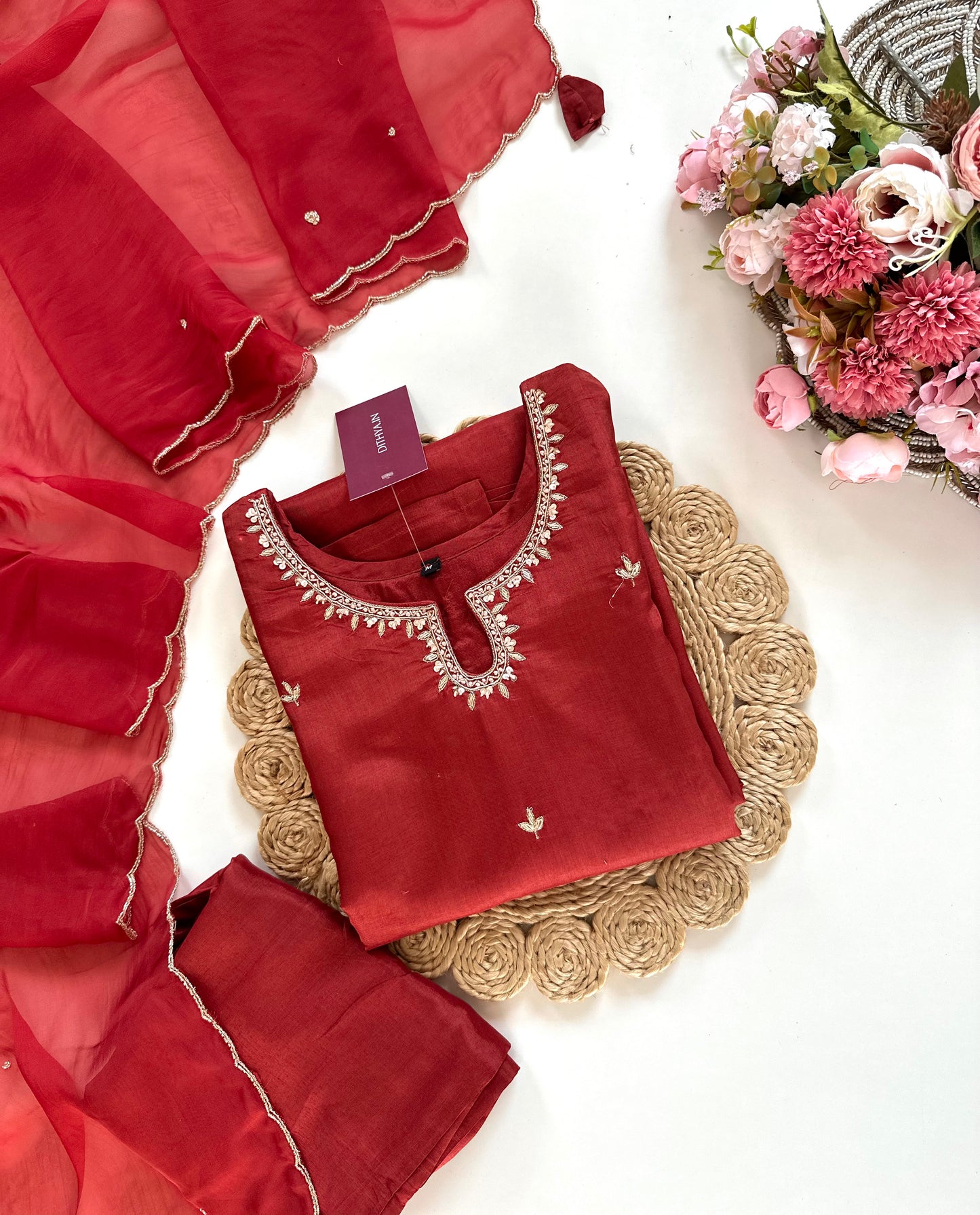 K324 - Russian silk handwork straight Kurti with pants and dupatta