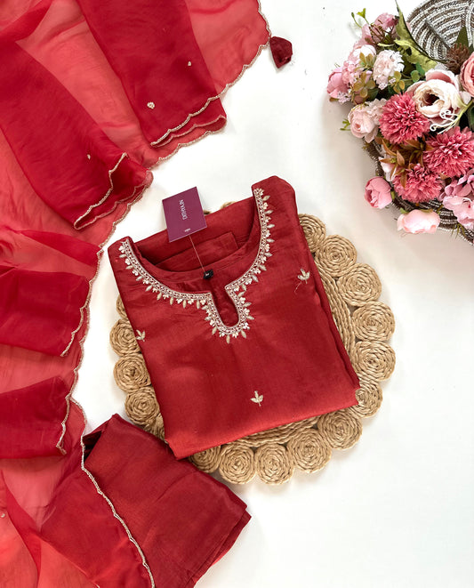K324 - Russian silk handwork straight Kurti with pants and dupatta