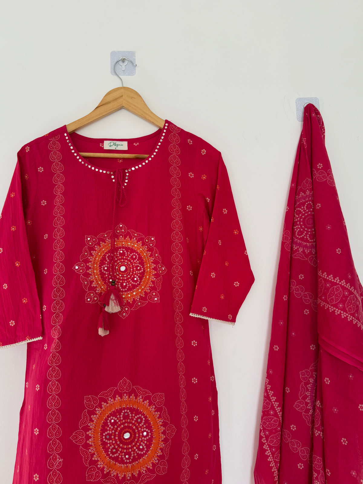 K097 - Mul cotton printed embroidered Aline Kurti with pants and dupatta