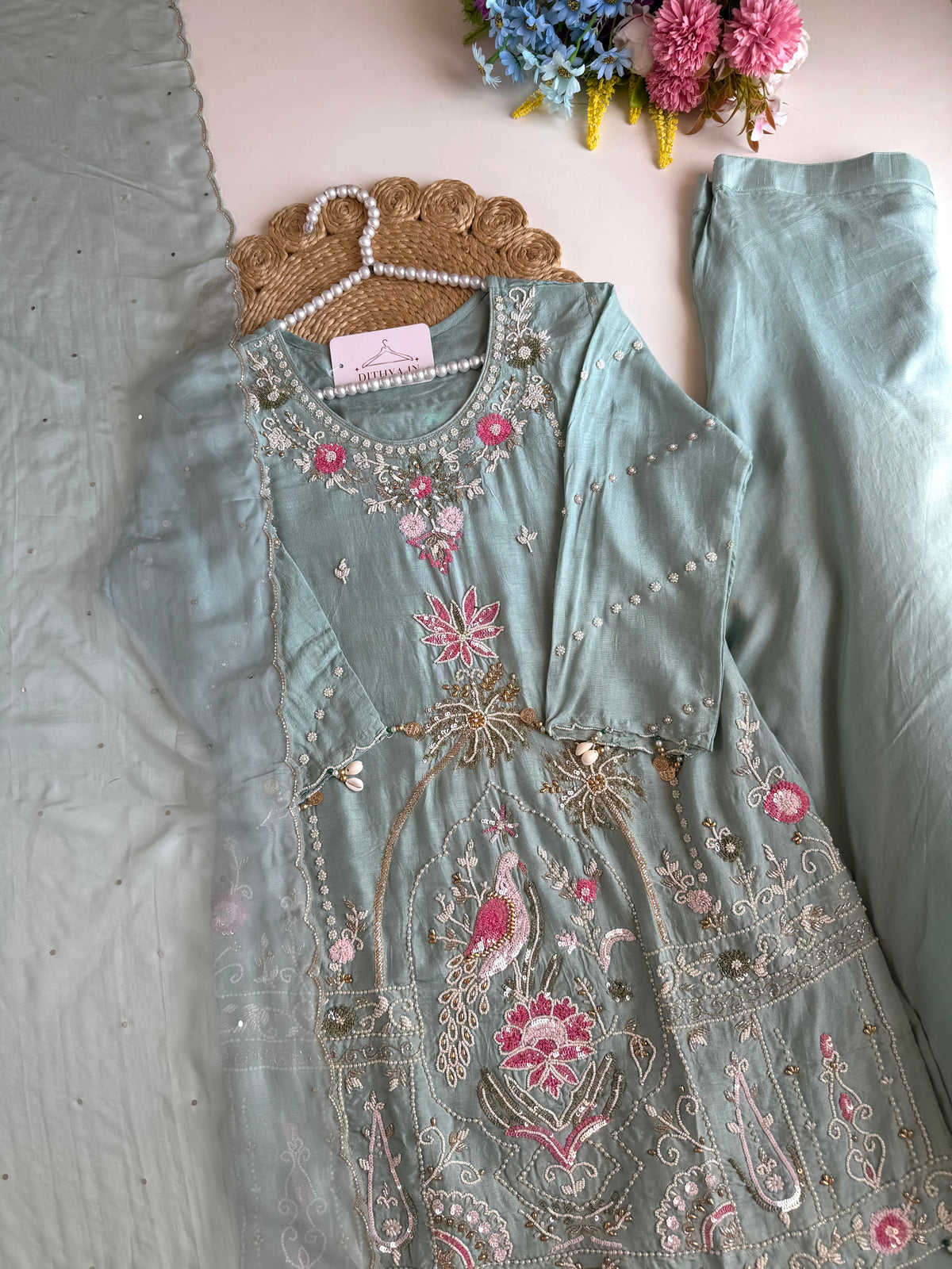 K333 - Russian silk handwork short Kurti with divider pants and dupatta