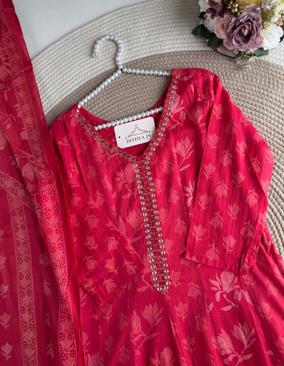 K559 - Mul cotton printed Anarkali with pants and dupatta in 2 colours