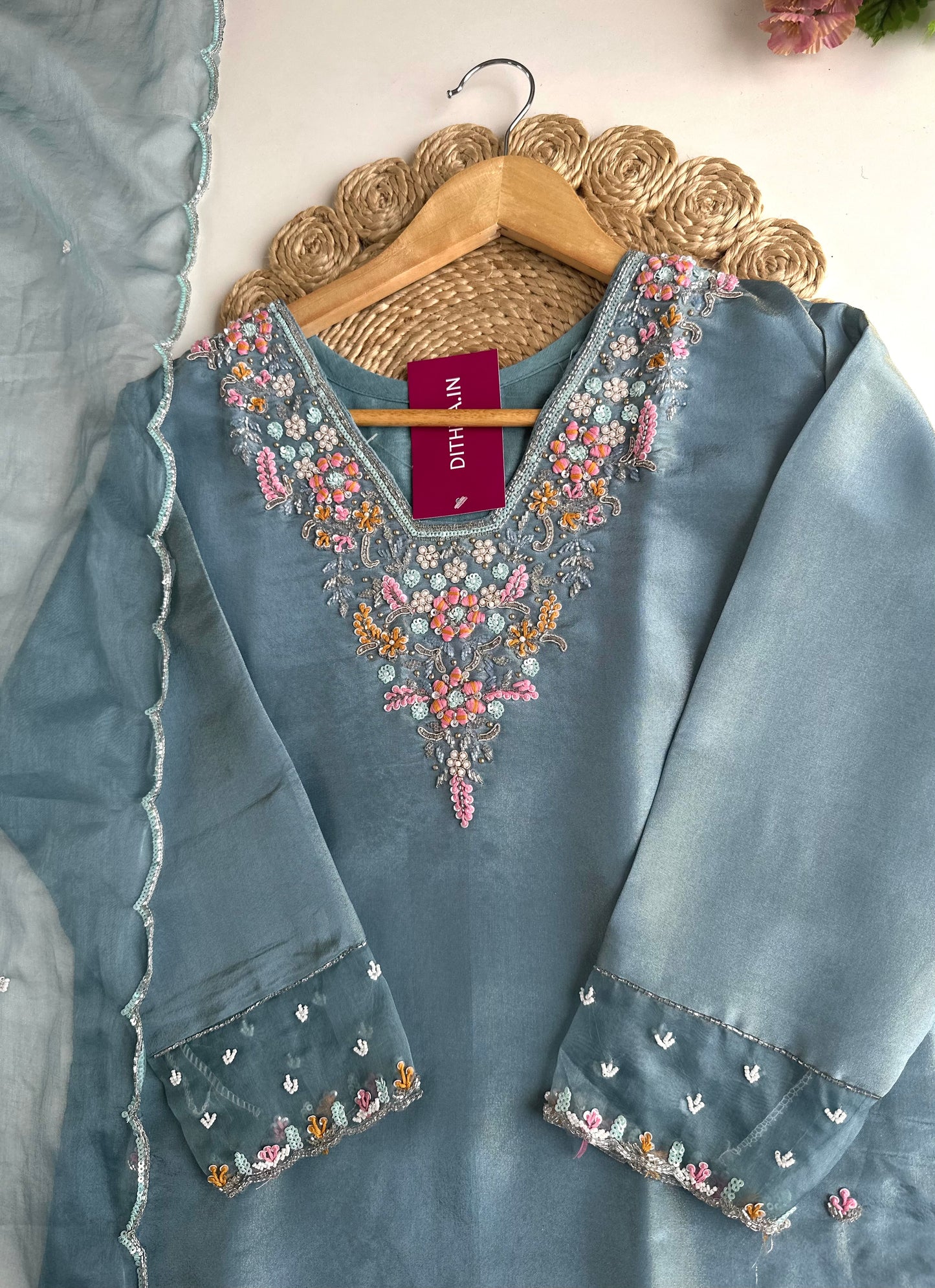 K138 - Tissue silk handwork straight Kurti with pants and dupatta