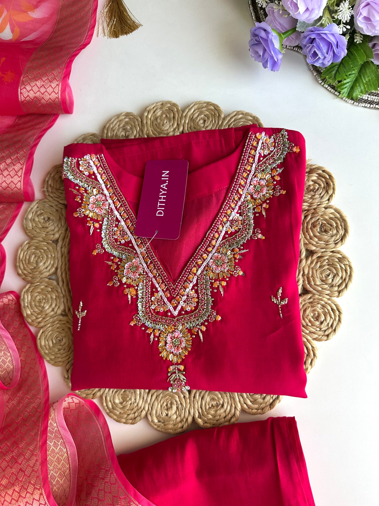 K024 - Roman silk handwork straight Kurti with pants and dupatta in 3 colours