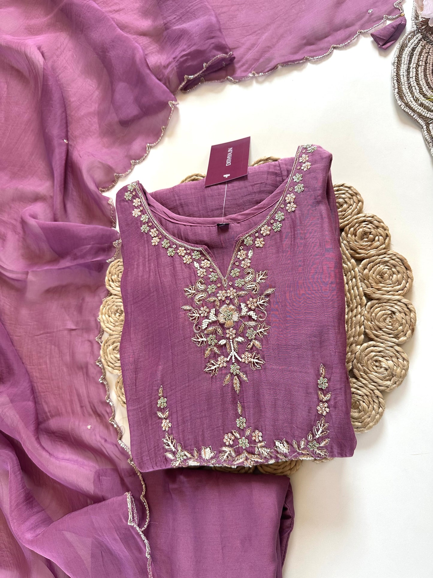 K247 - Mul Chanderi Zardosi Aline Kurti with pants and dupatta .