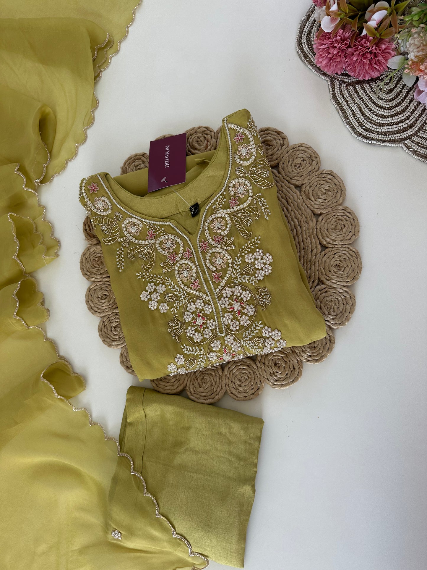 K137 - Viscose organza Handwork straight kurti with pants and dupatta.