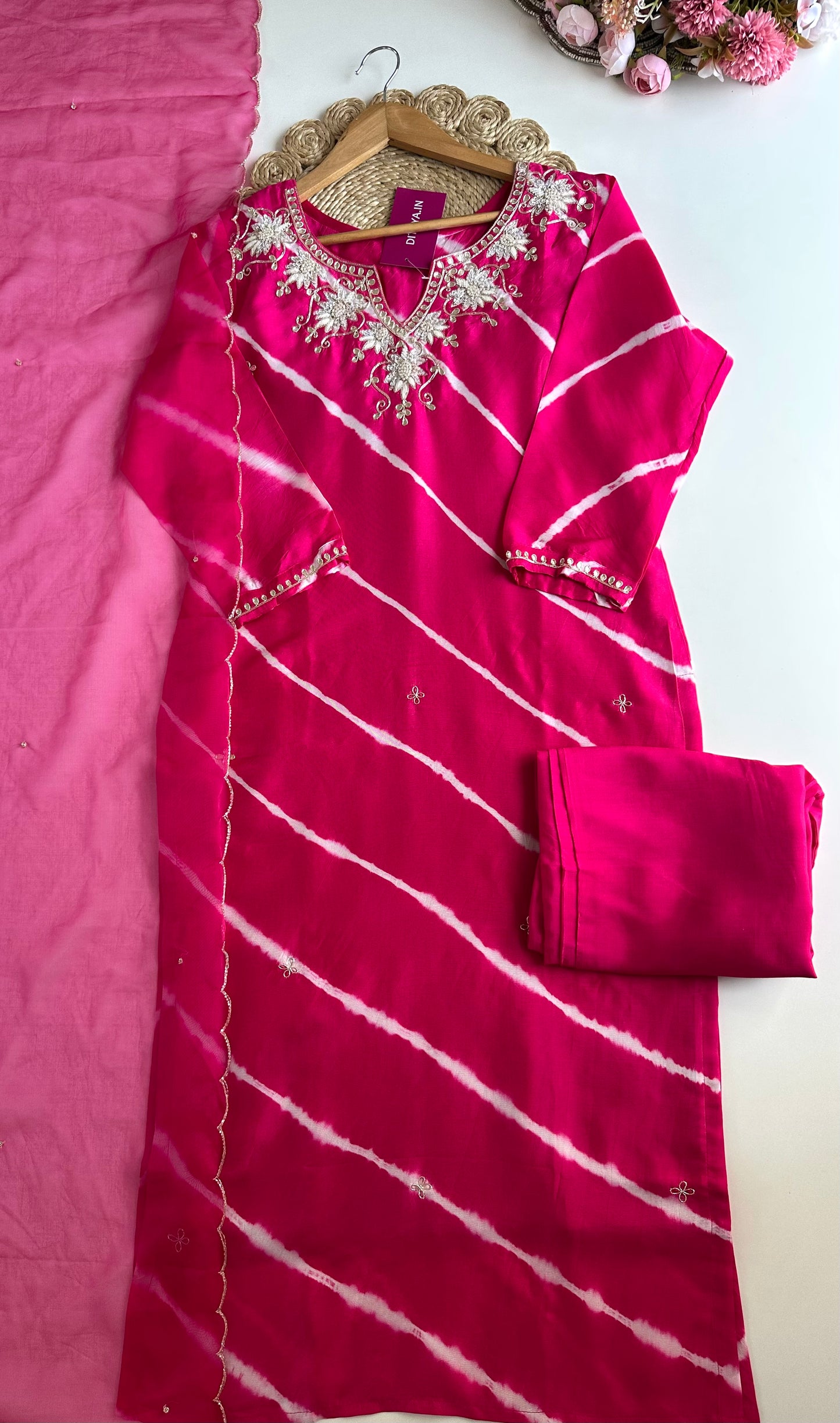 K016 - Russian silk leheriya handwork Straight Kurti with pants and dupatta in 2 styles