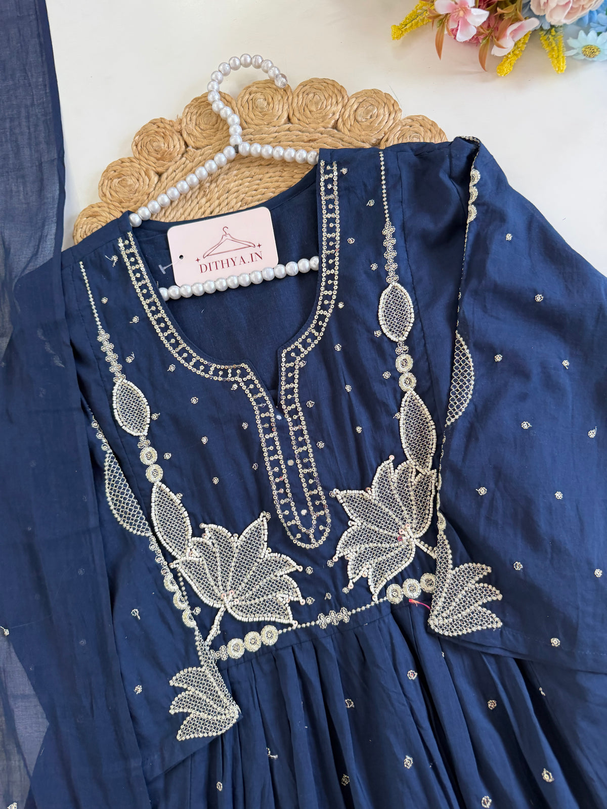 K126 - Mul cotton embroidered Anarkali with pants and dupatta in 2 colours