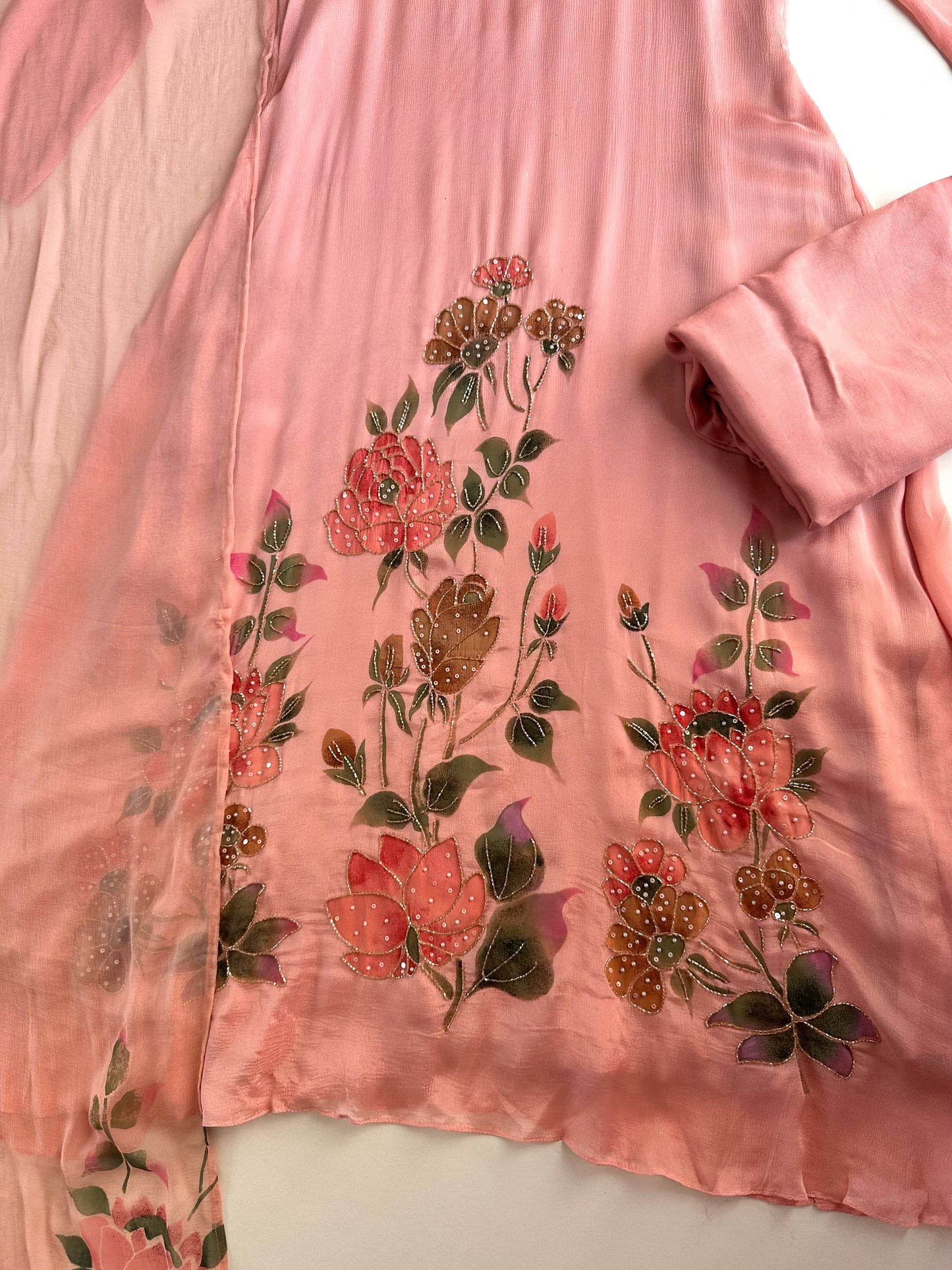 K252 - Chinnon handwork Aline Kurti with pants and dupatta