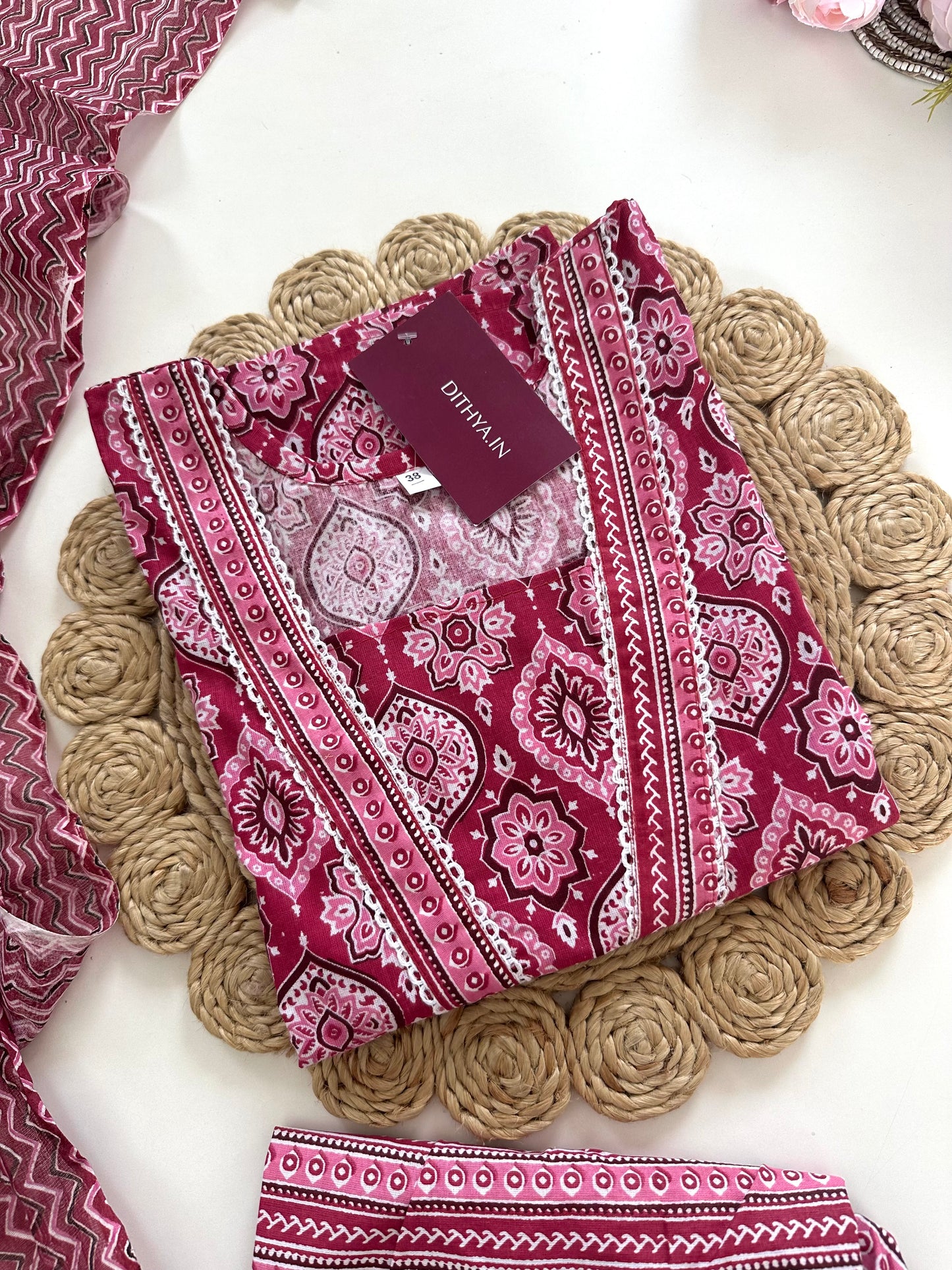 K330 - Cotton floral straight Kurti with pants and dupatta