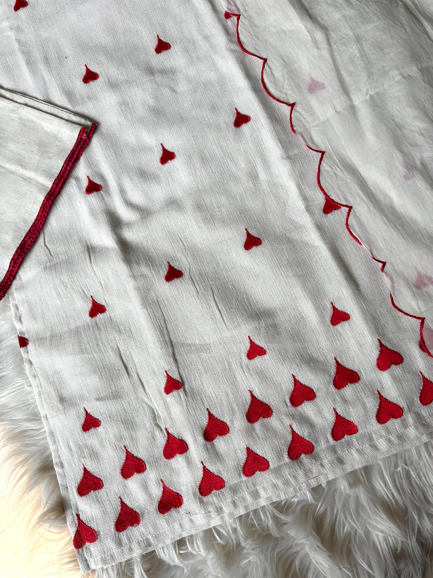 K206 - Slub cotton heart embroidered strap Kurti with pants and dupatta