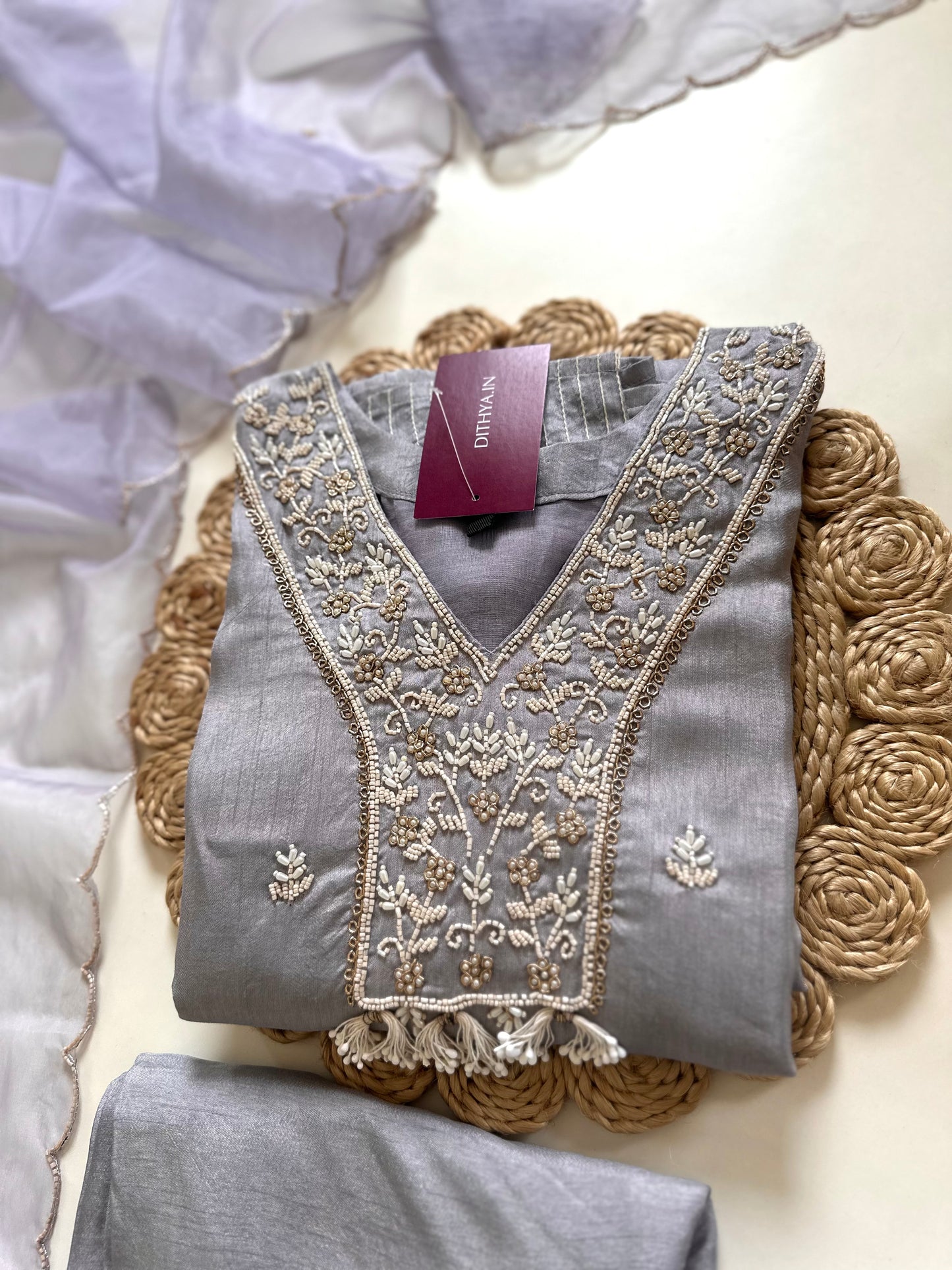 K130 - Russian silk Handwork straight kurti with pants and dupatta .