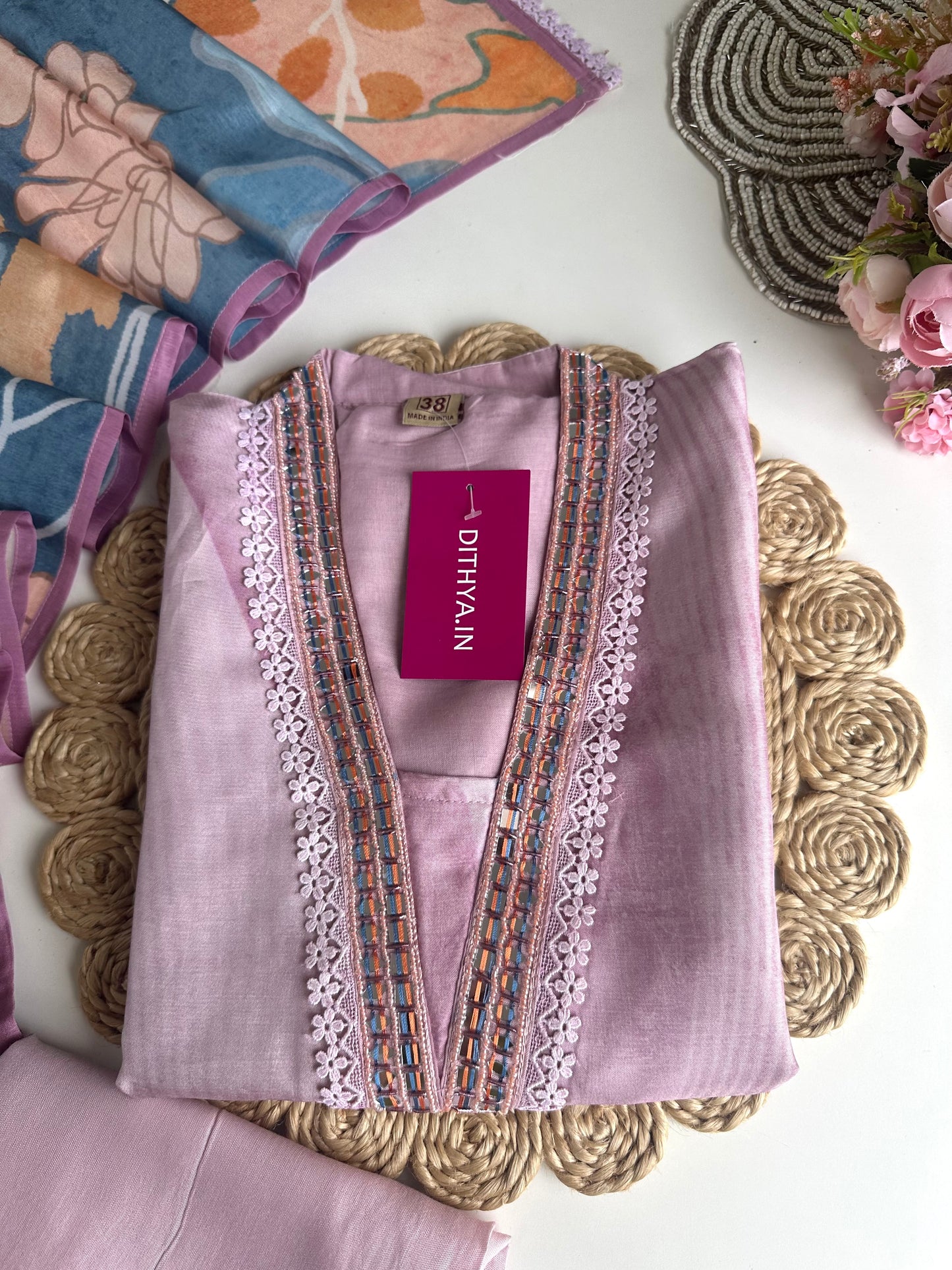 K070 - Russian silk Floral handwork Aline Kurti with pants and dupatta