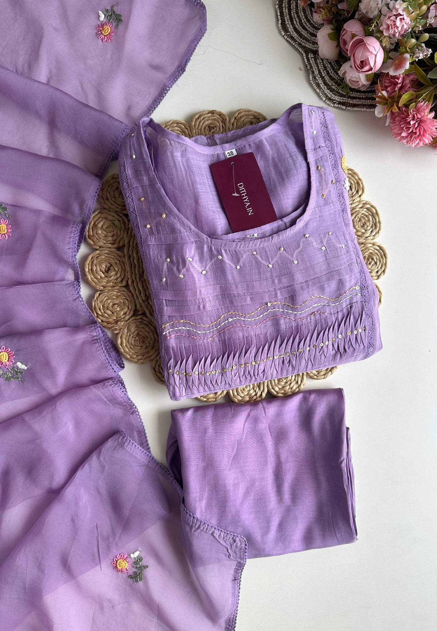 K043 - Mul chanderi embroidered Aline Kurti with pants and dupatta