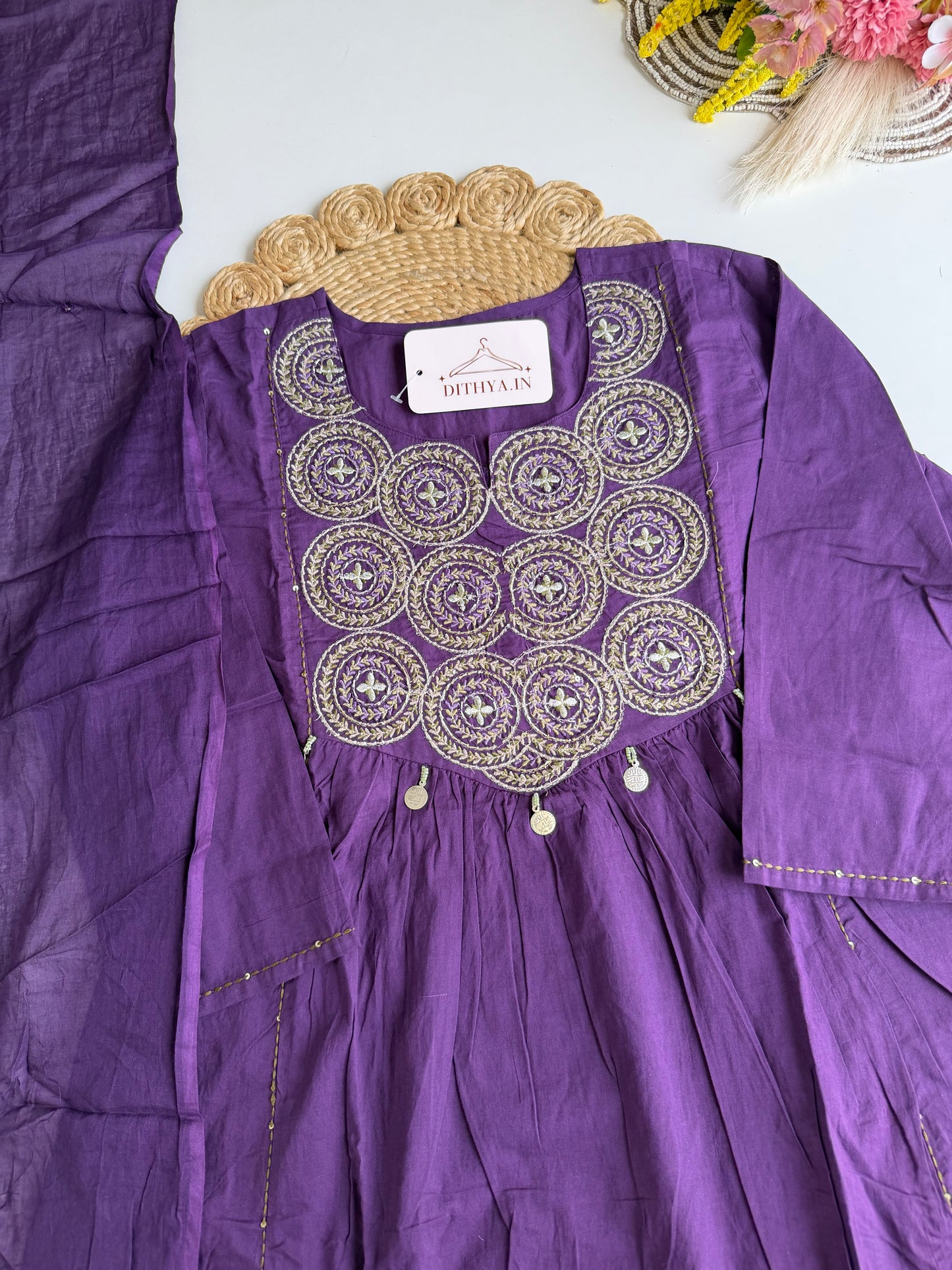 K528 - Mul cotton embroidered aline Kurti with pants and dupatta