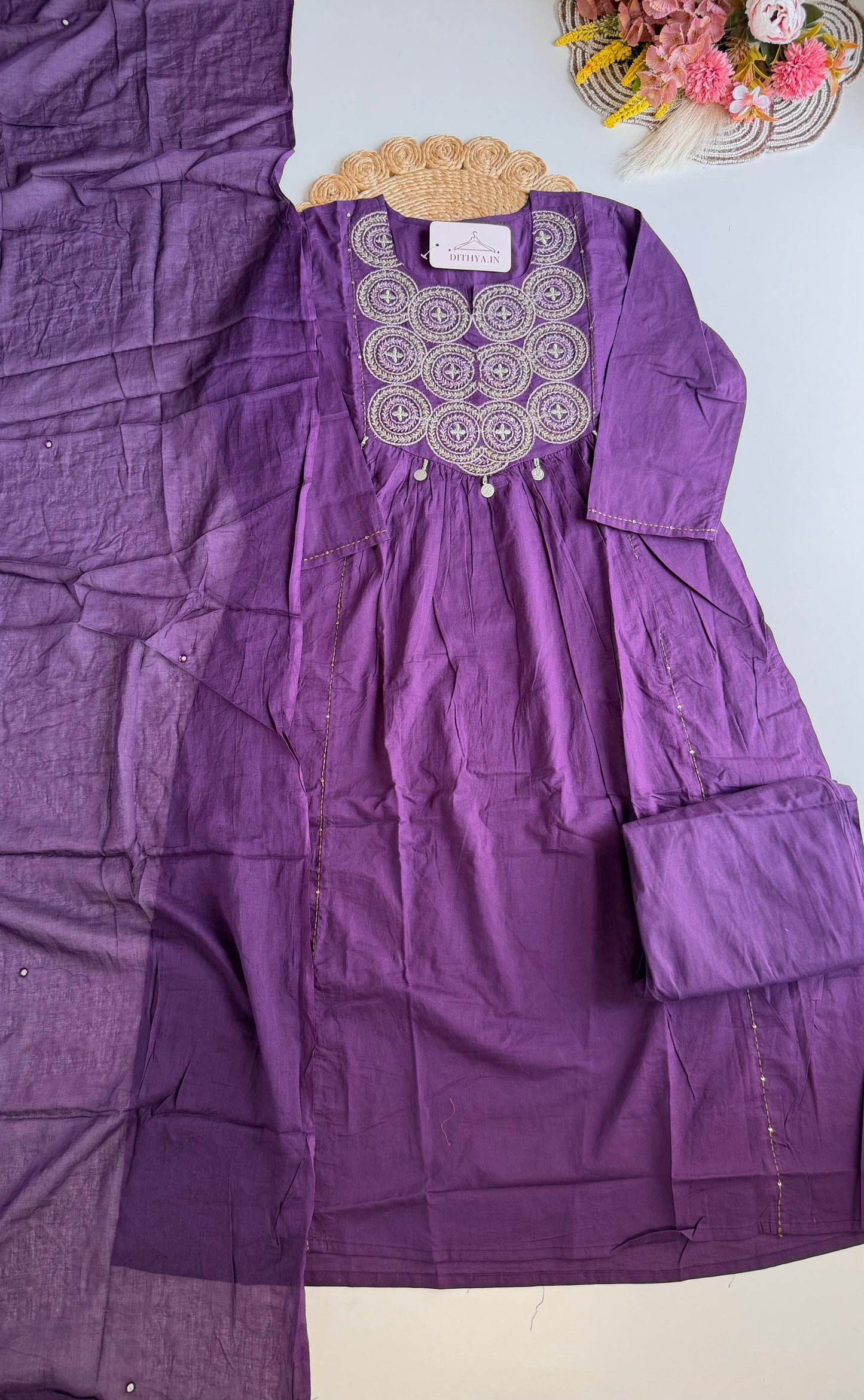 K528 - Mul cotton embroidered aline Kurti with pants and dupatta