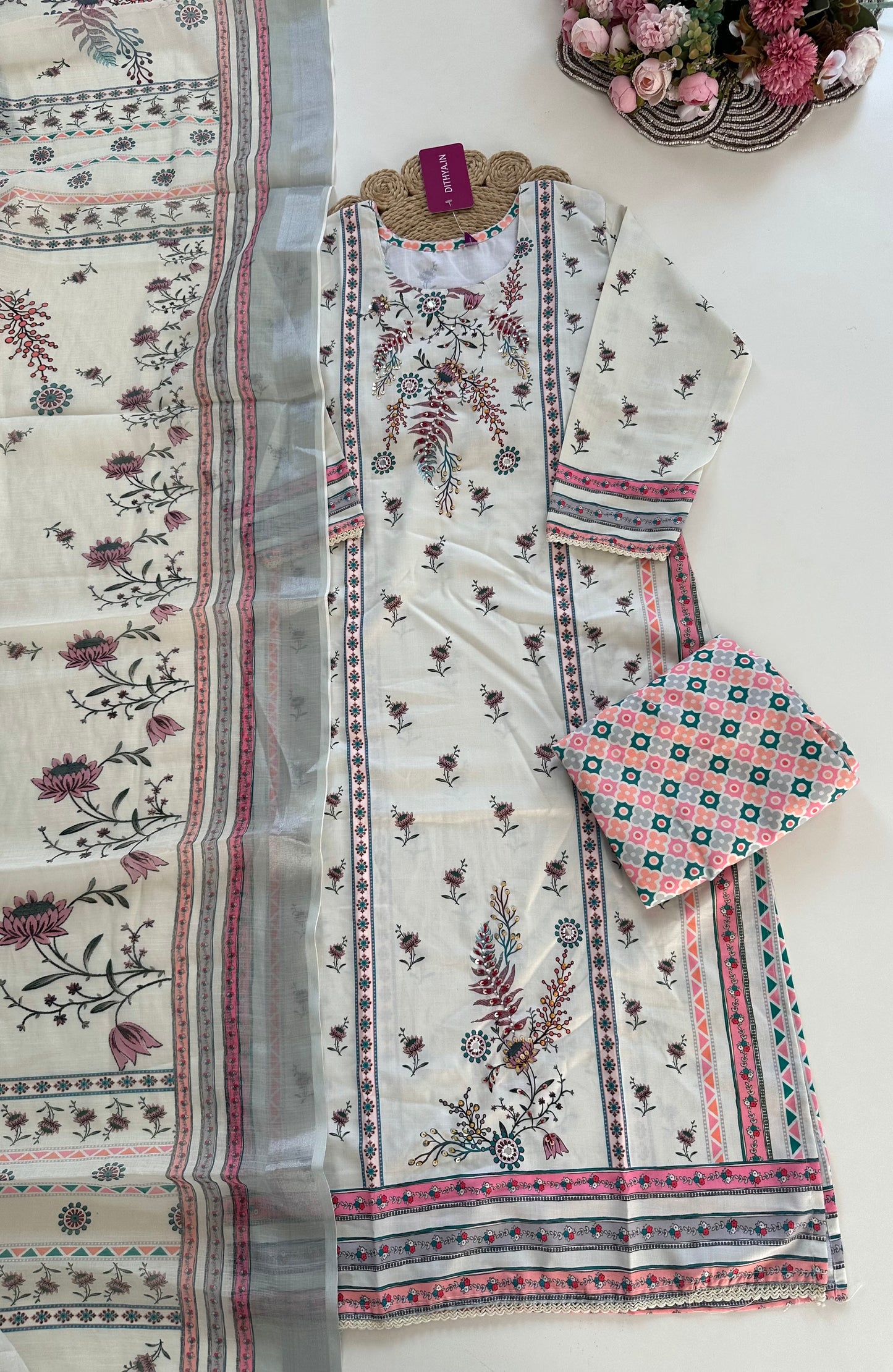 K421 - Rayon handwork Straight Kurti with pants and dupatta in 2 coloursp