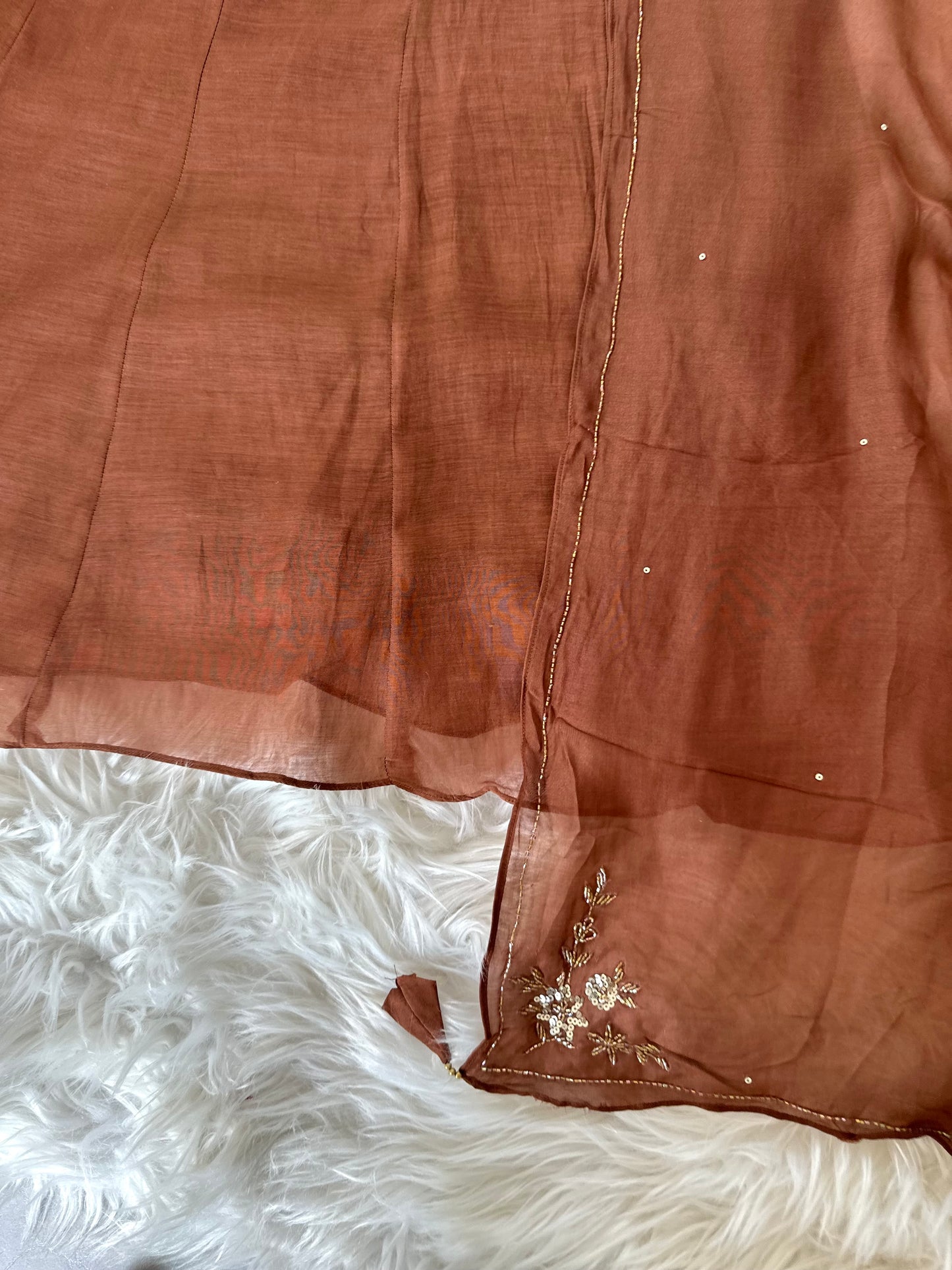 K223 - Mul Chanderi hand work Aline Kurti with pants and dupatta