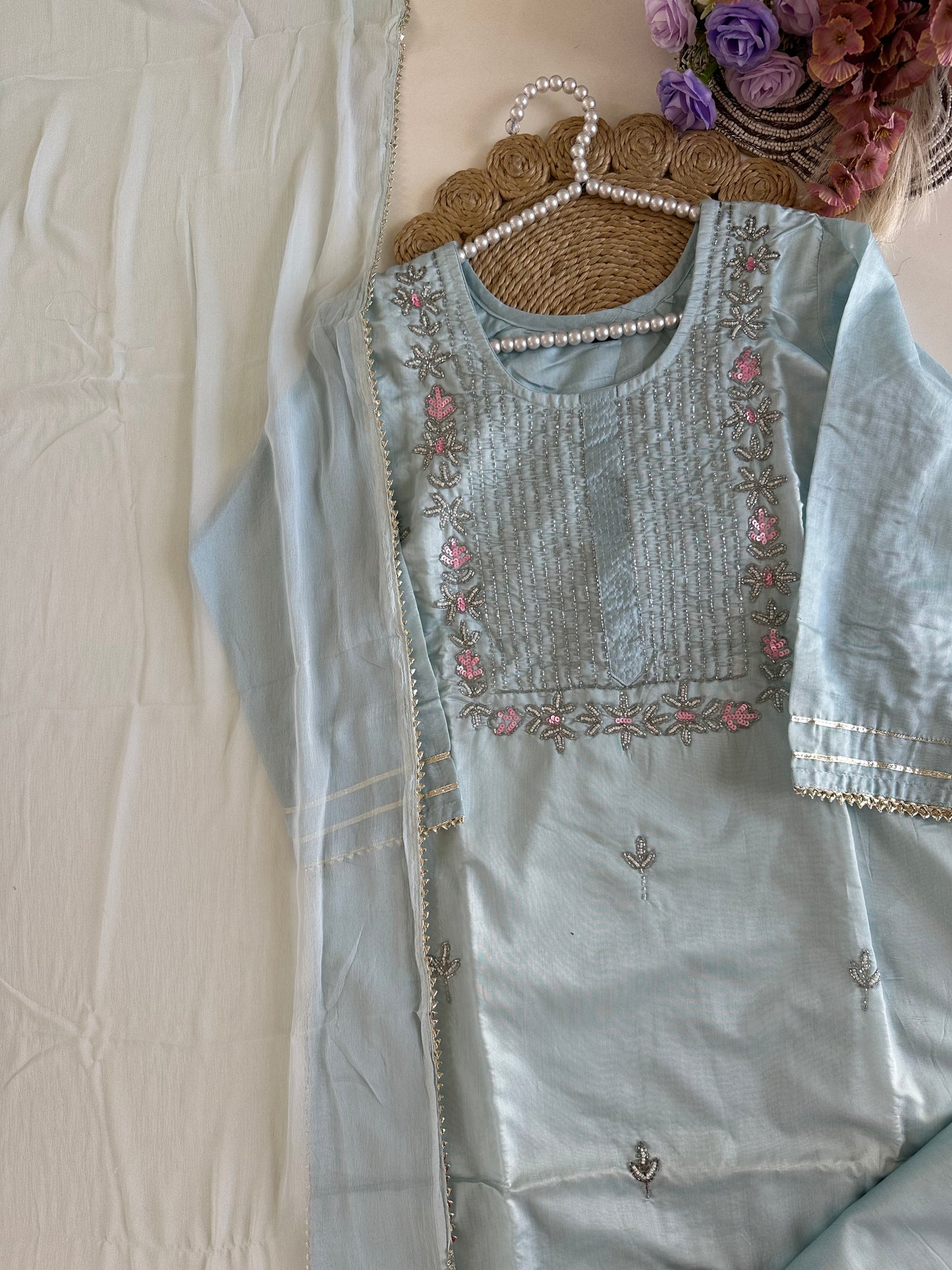 D403-Dola silk straight kurti with pants and dupatta