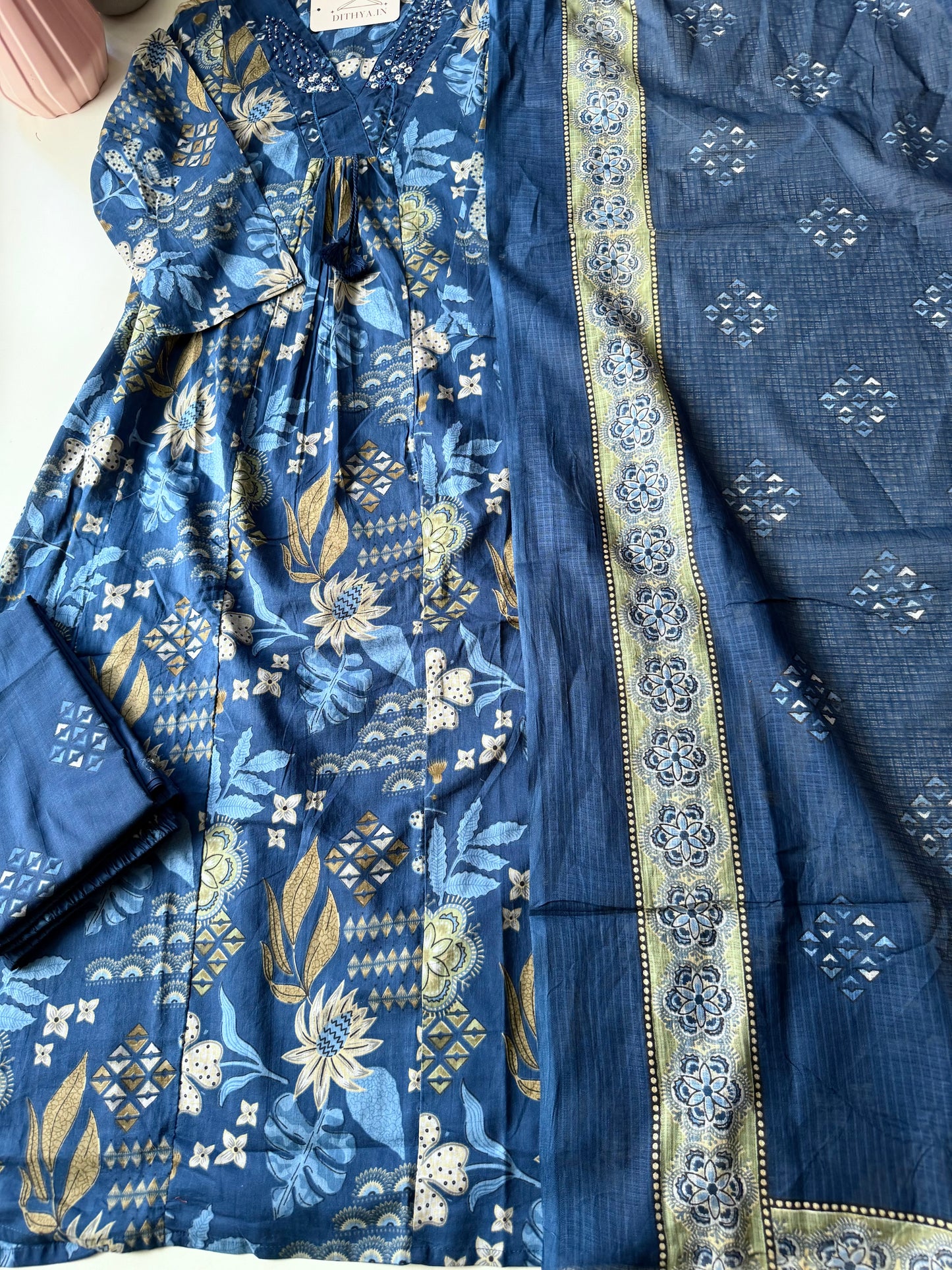 K591 - Cotton floral Aline Kurti with pants and dupatta